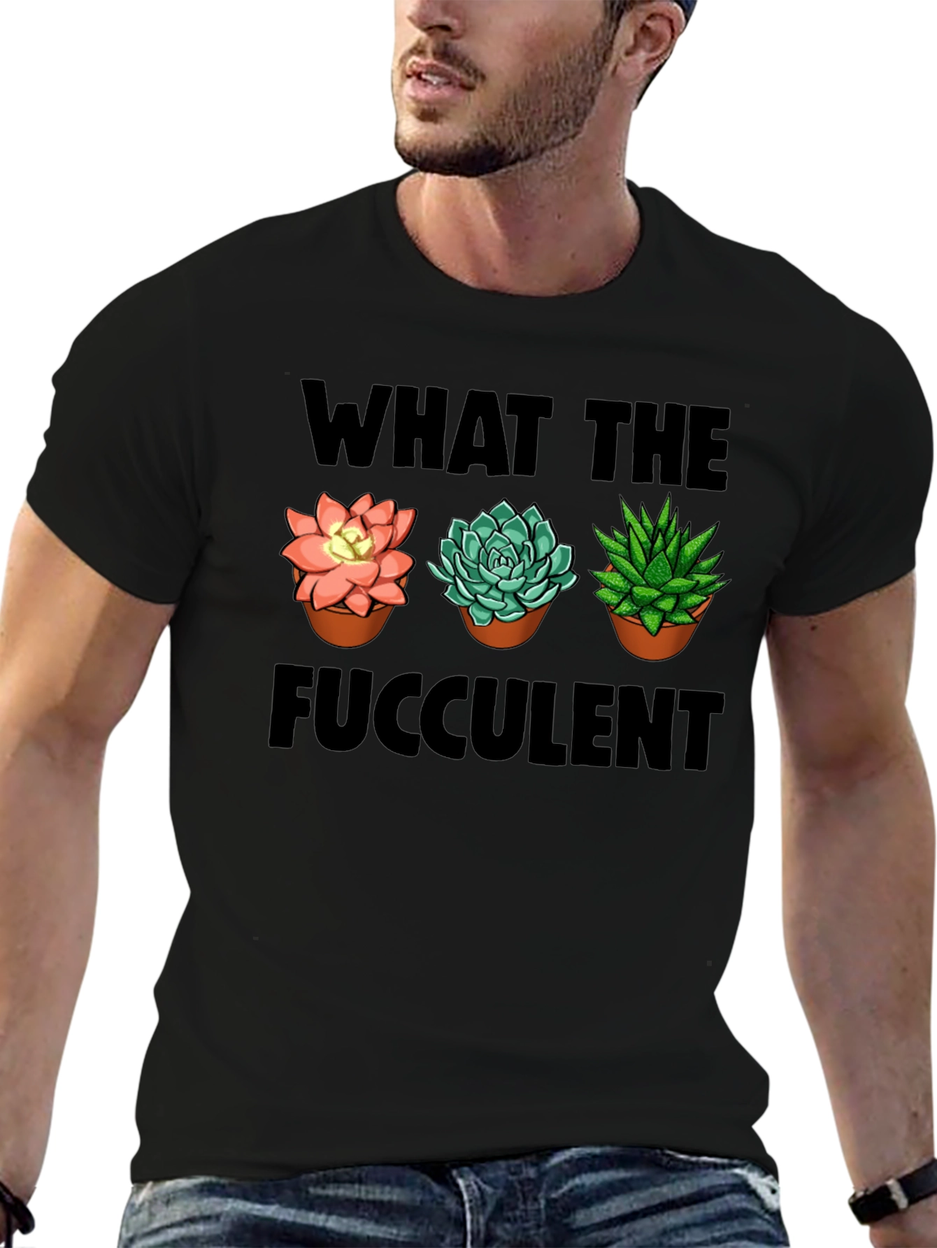 Black What The Fucculent T-Shirt - Funny Succulent Lover Tee view 6