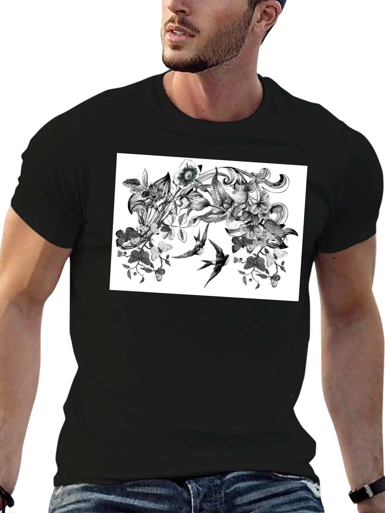 Black Botanical Swallow T-Shirt - Artistic Black Tee view 6