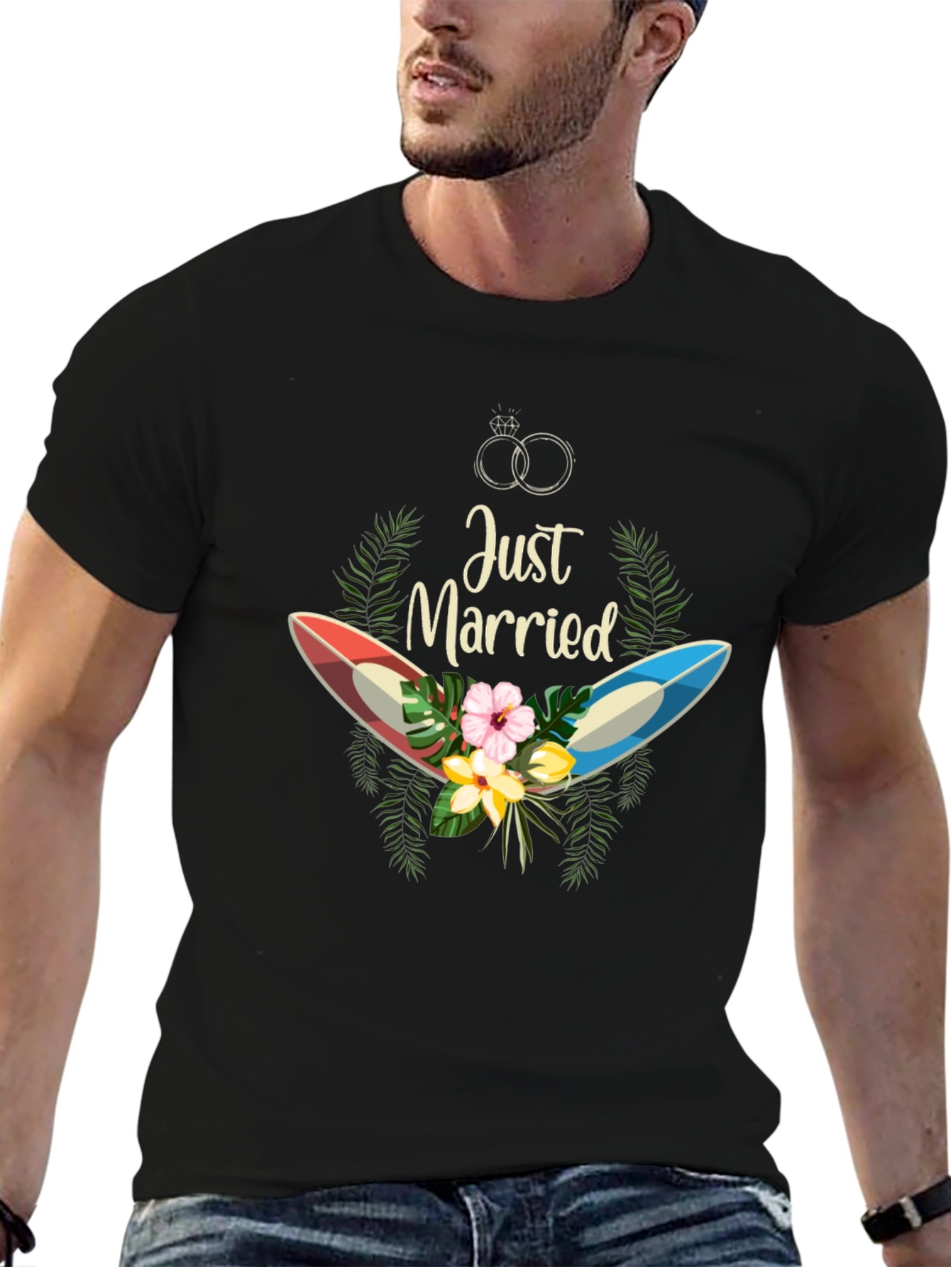 Black Just Married Surfboard T-Shirt view 6