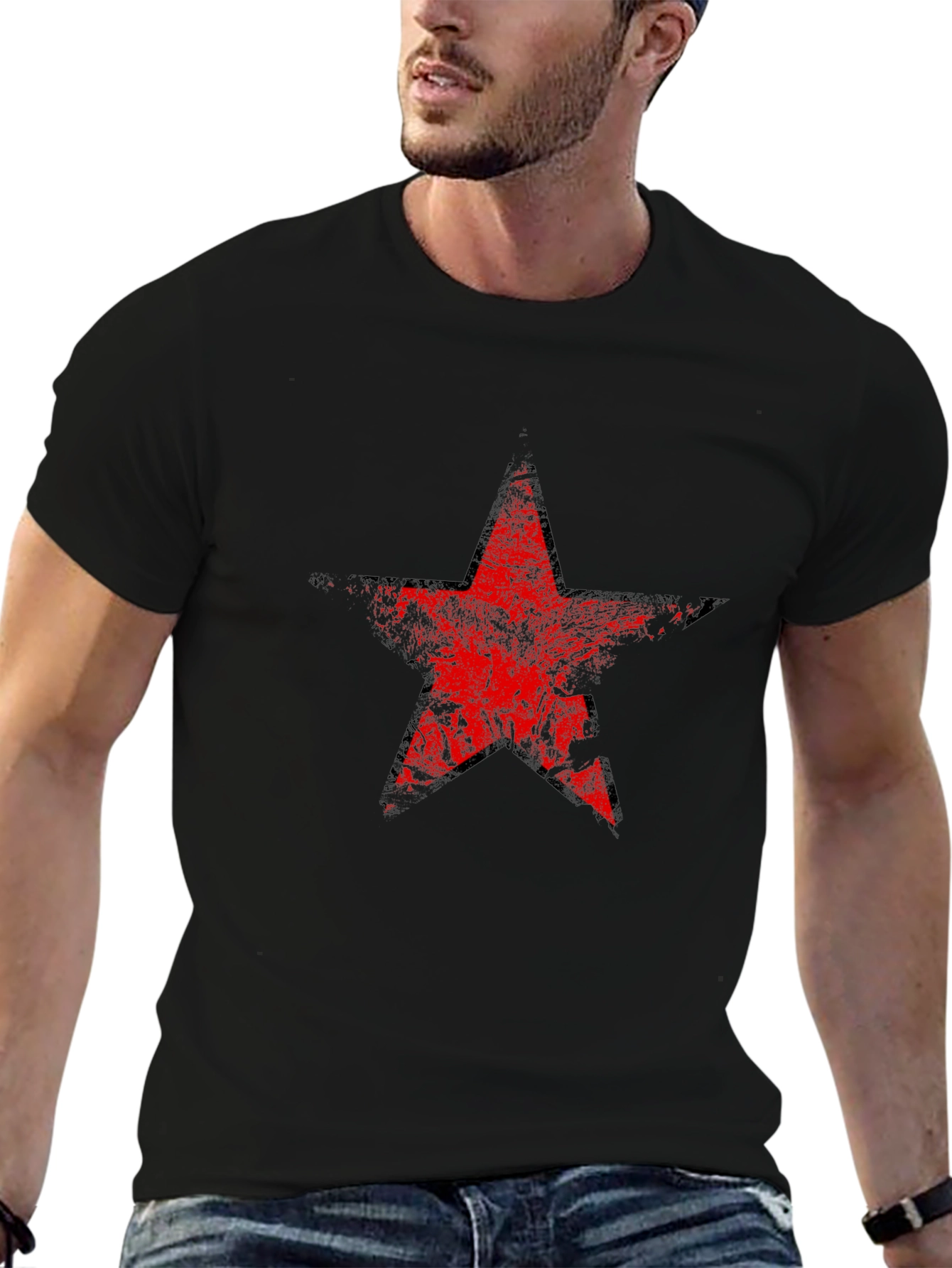 Black Distressed Red Star Graphic Black T-Shirt view 6