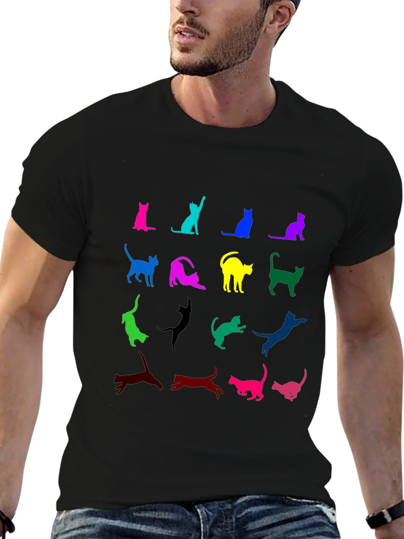 Black Colorful Cat Silhouette T-Shirt view 6