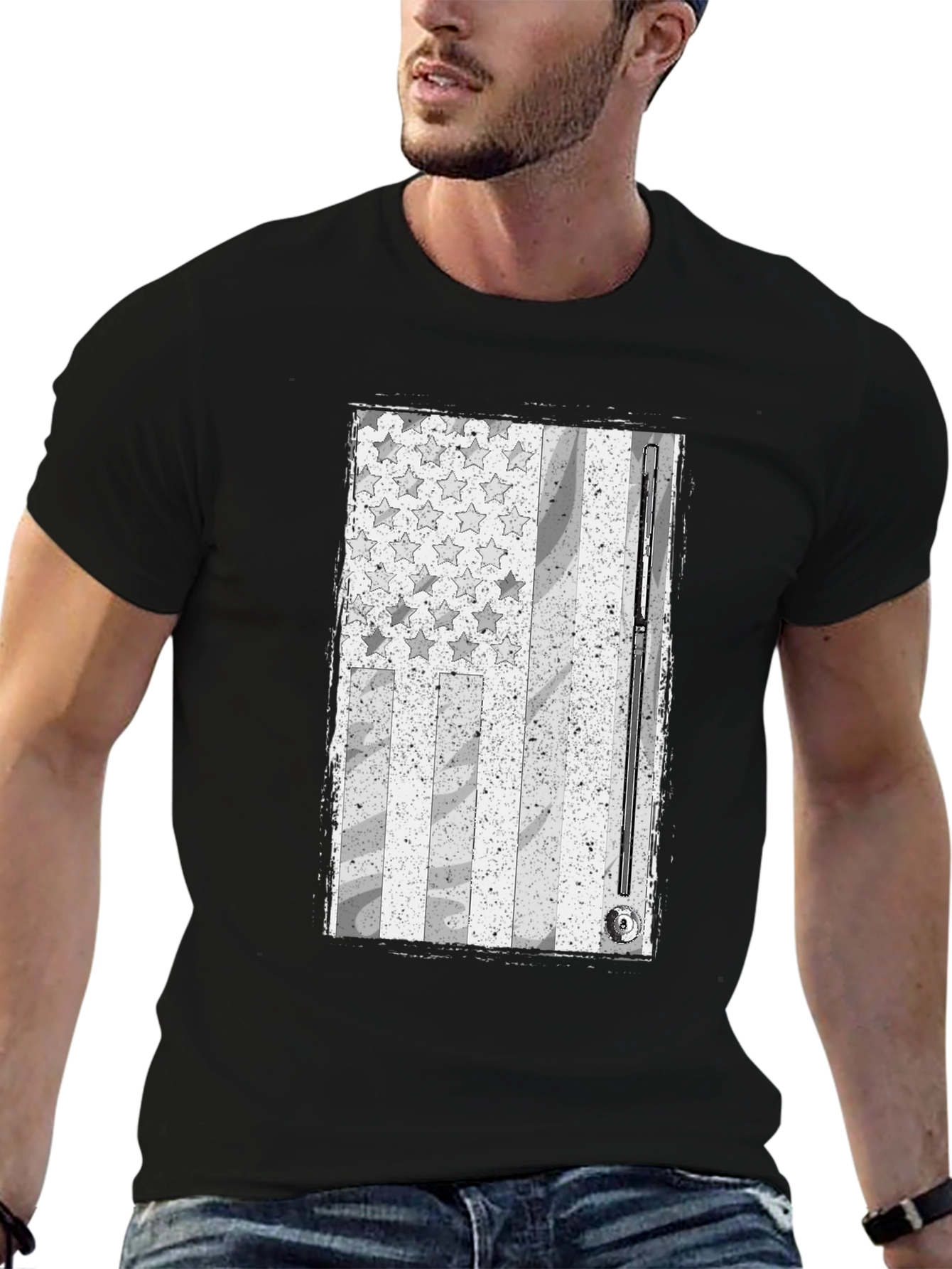 Black Distressed American Flag Billiards T-Shirt view 6
