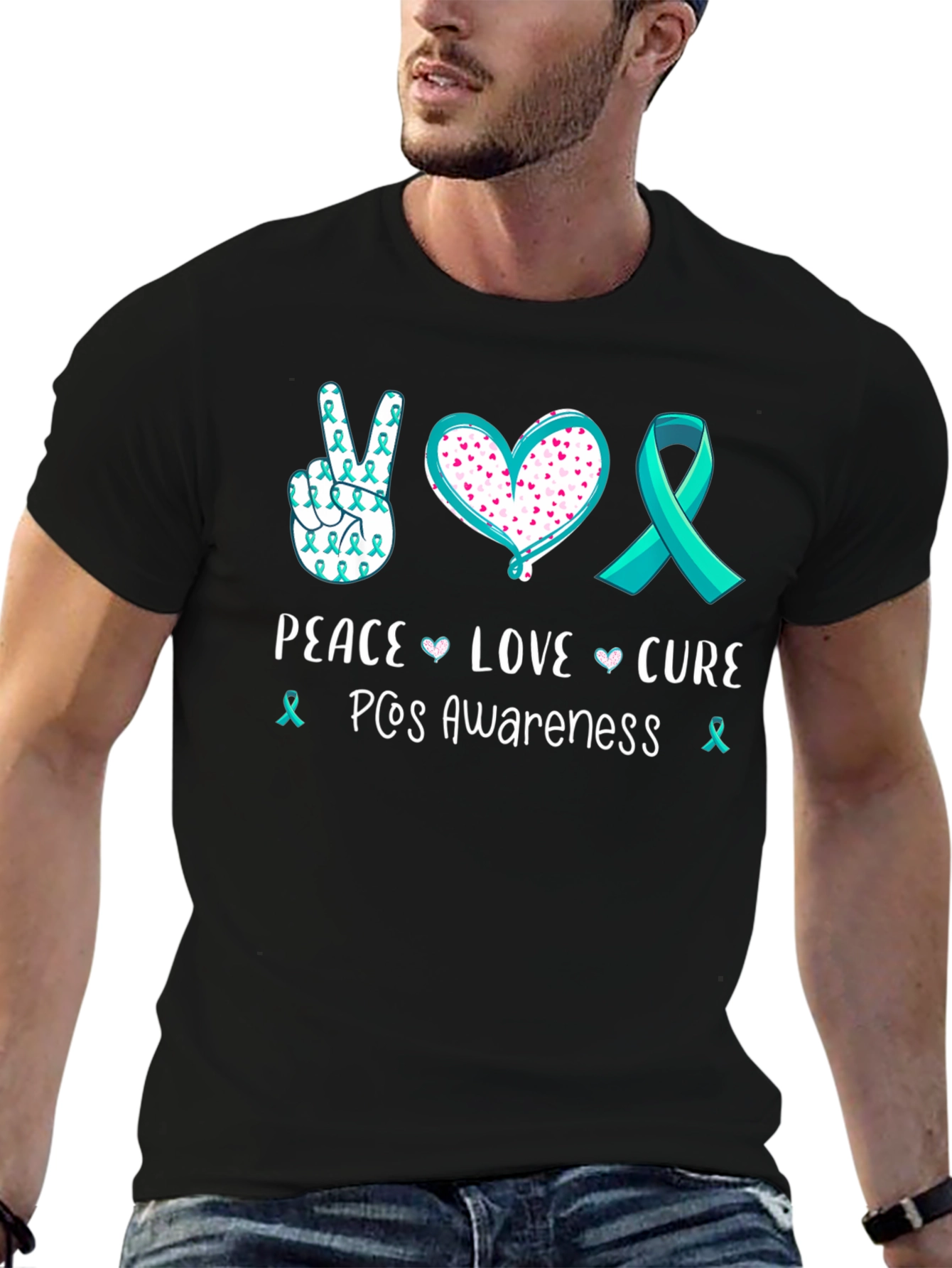 Black PCOS Awareness Peace Love Cure T-Shirt view 6