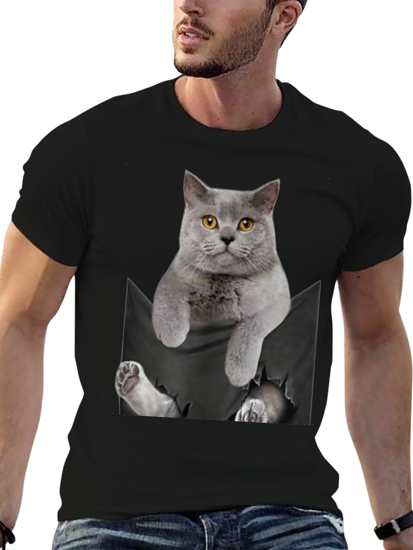 Black Cat Pocket T-Shirt: Hilarious Kitten Peek! view 6