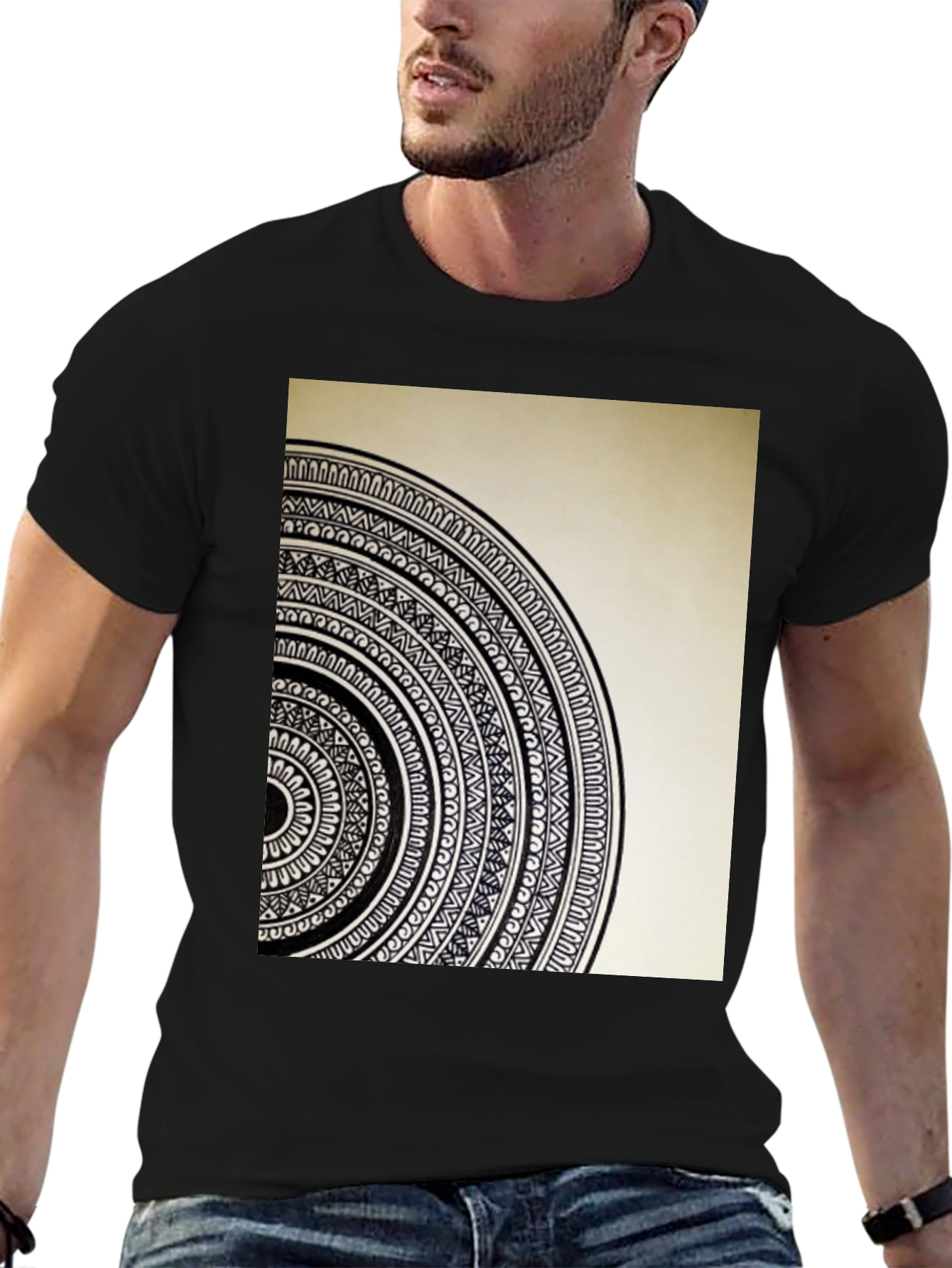 Black Geometric Mandala Graphic Tee - Stylish Black Cotton T-Shirt view 6