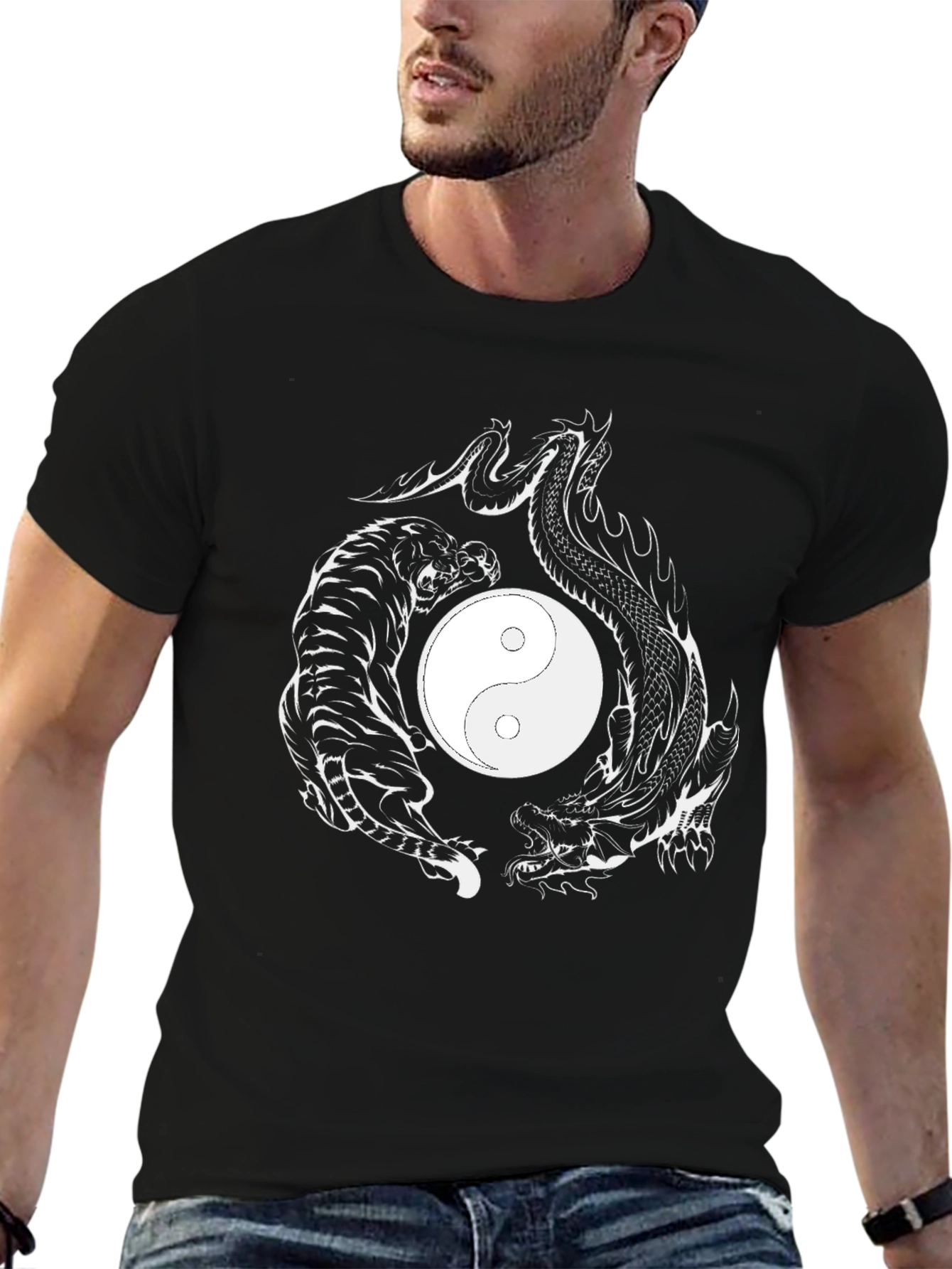 Black Yin Yang Dragon Tiger Graphic Tee - Black Cotton view 6