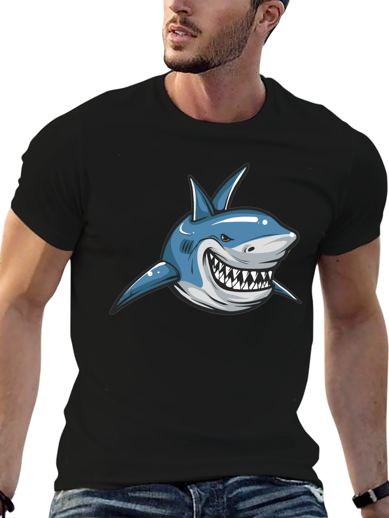 Black Cartoon Shark Graphic T-Shirt - Black view 6