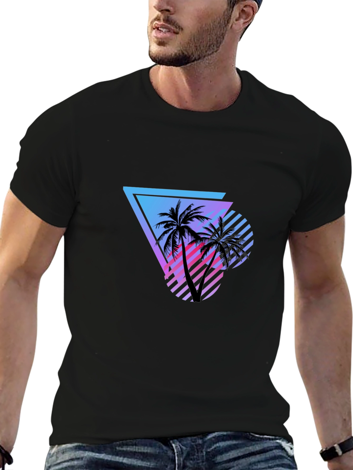 Black Retro Palm Tree Graphic Tee - Black Cotton Shirt view 6