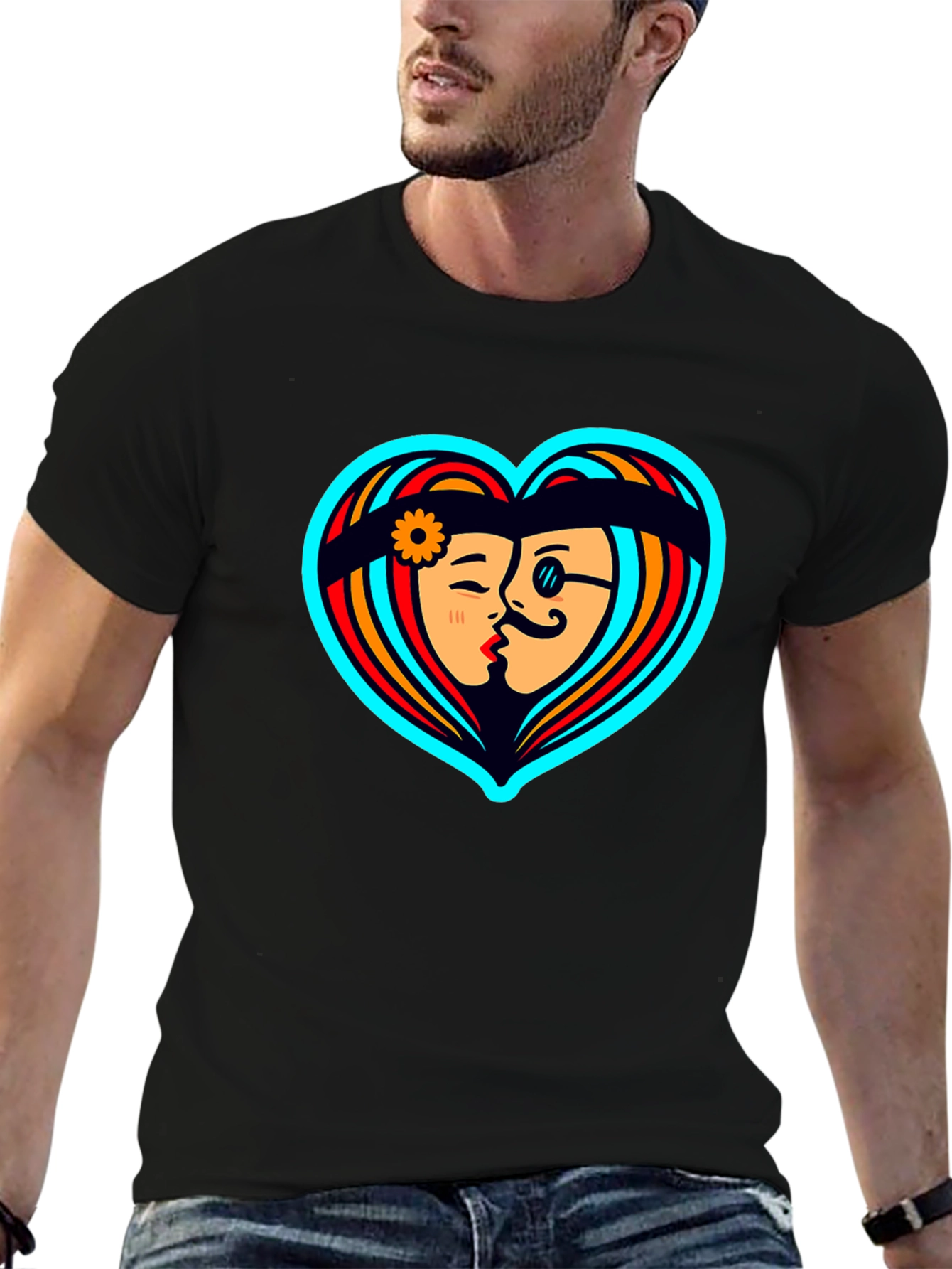 Black Retro Love Heart Graphic Tee - Black Cotton Shirt view 6