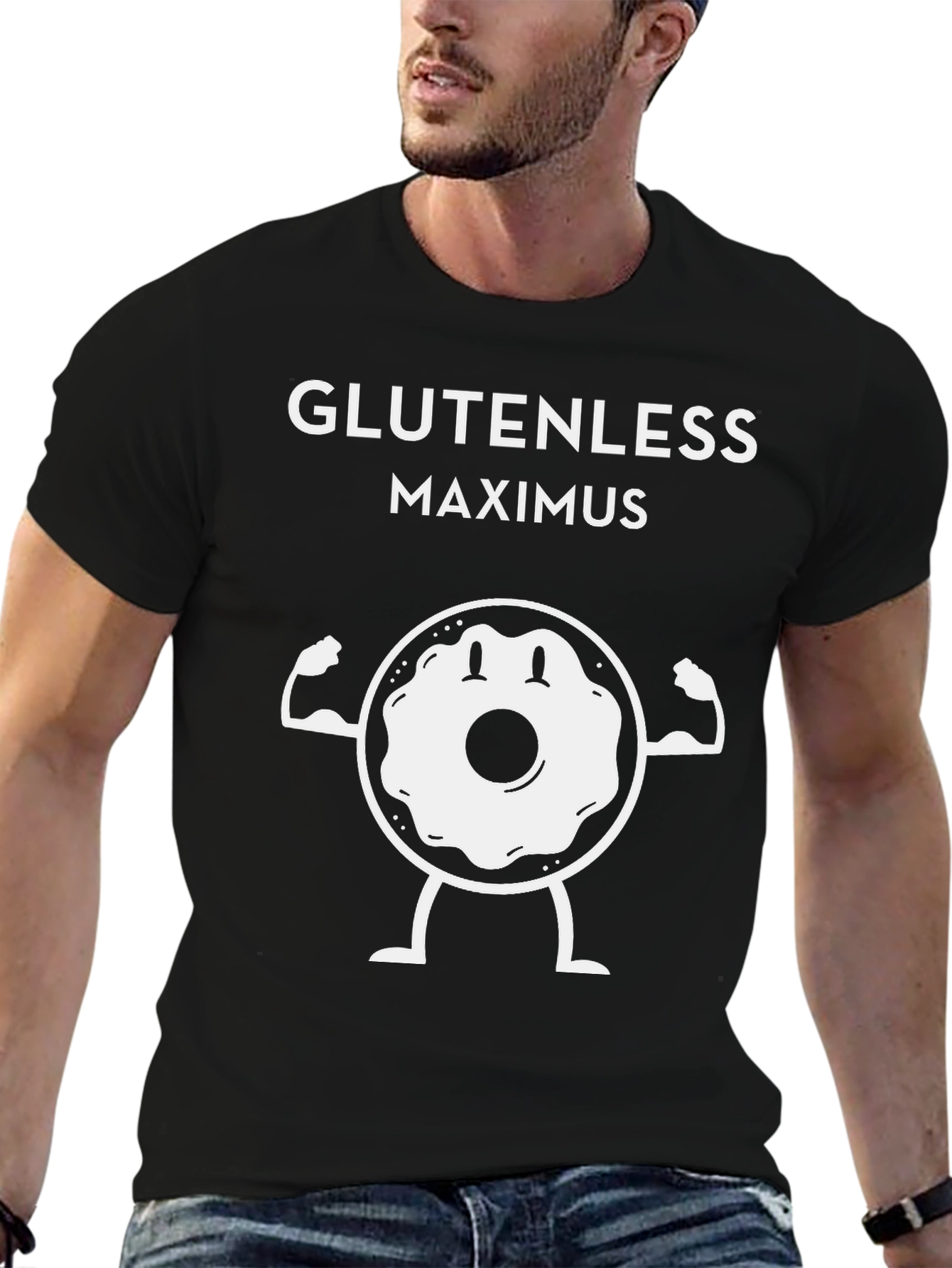 Black Glutenless Maximus T-Shirt - Funny Donut Gym Tee view 6