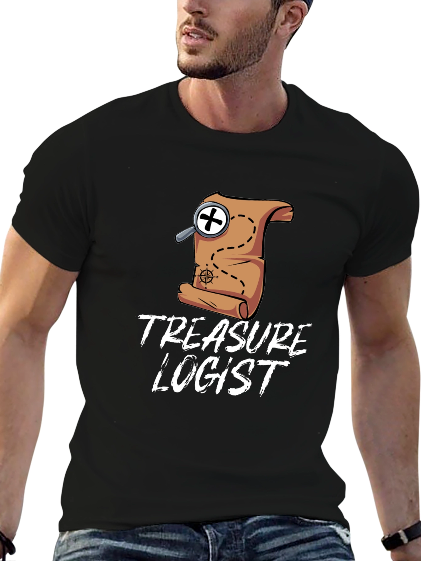 Black Treasure Logist T-Shirt - Map & Magnifying Glass Design view 6