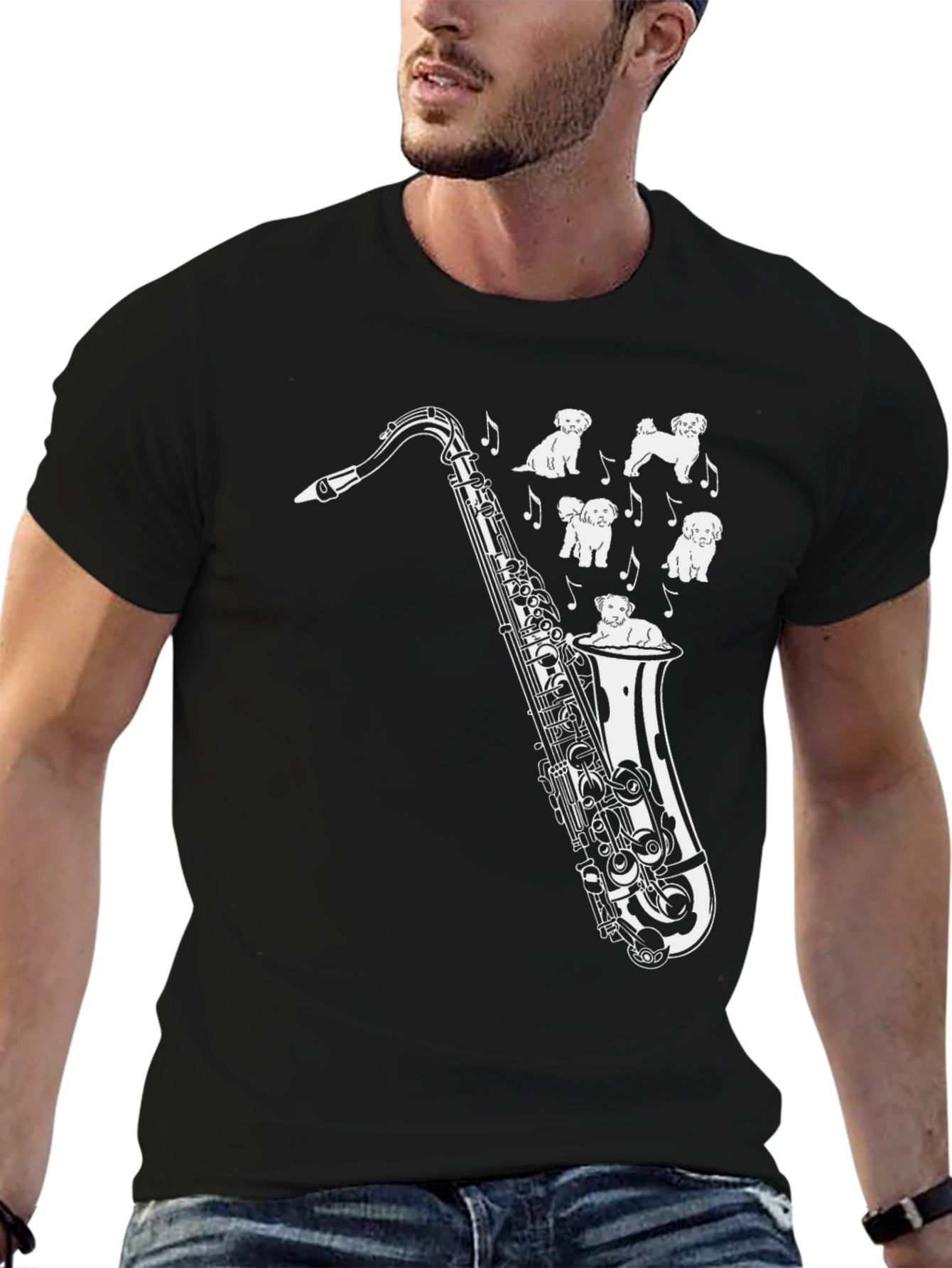 Black Saxophone & Pups Graphic Tee - Men's Black T-Shirt view 6