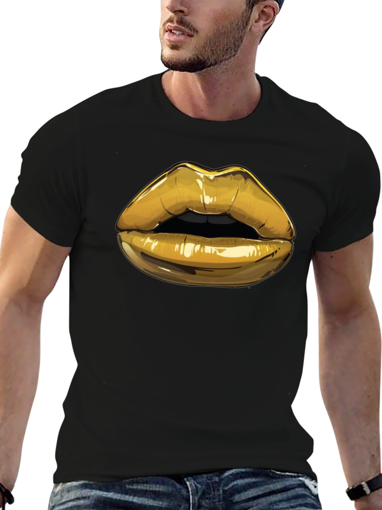 Black Golden Lips Graphic Tee - Stylish Black Cotton Blend Shirt view 6