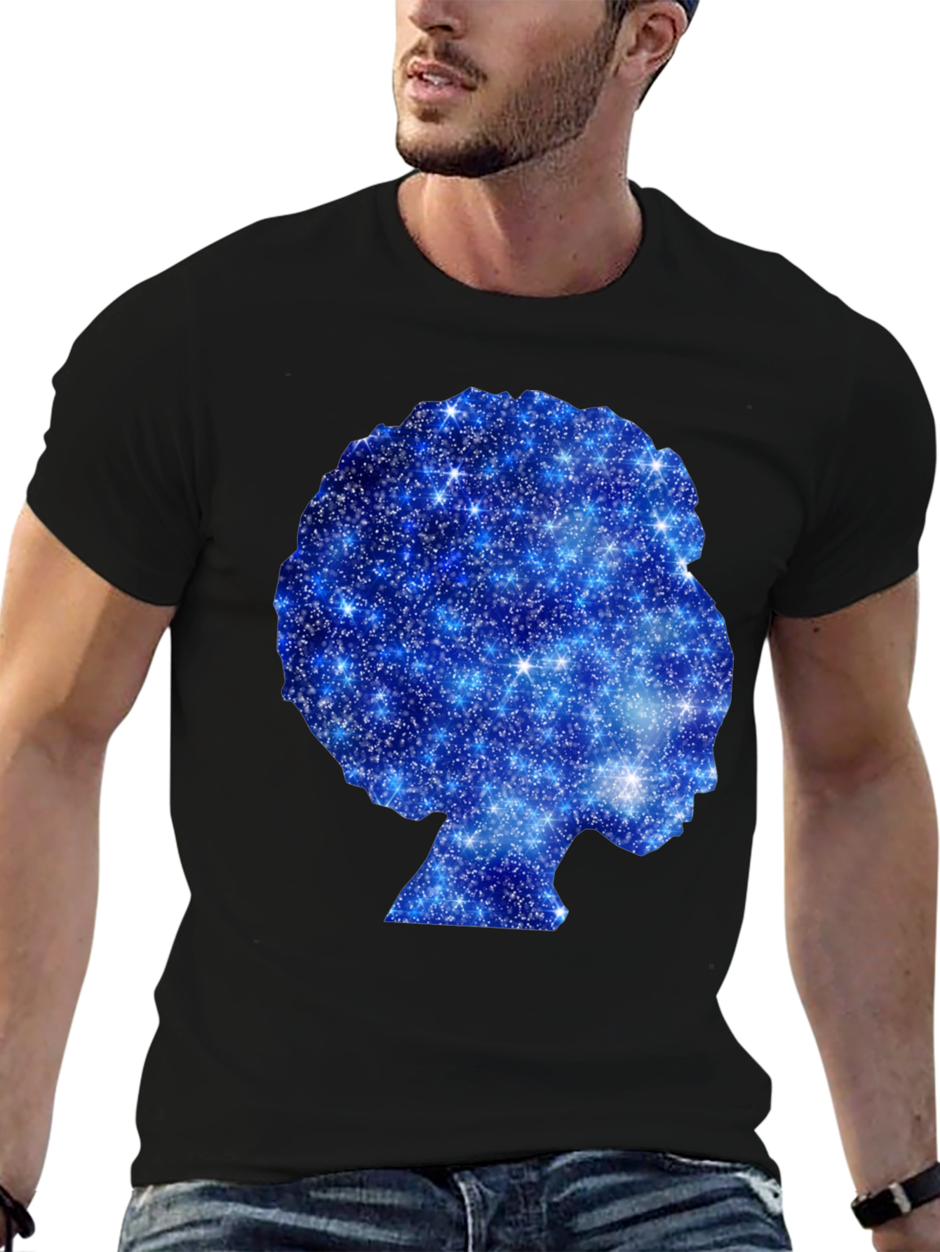 Black Galaxy Afro Woman Silhouette Black T-Shirt view 6