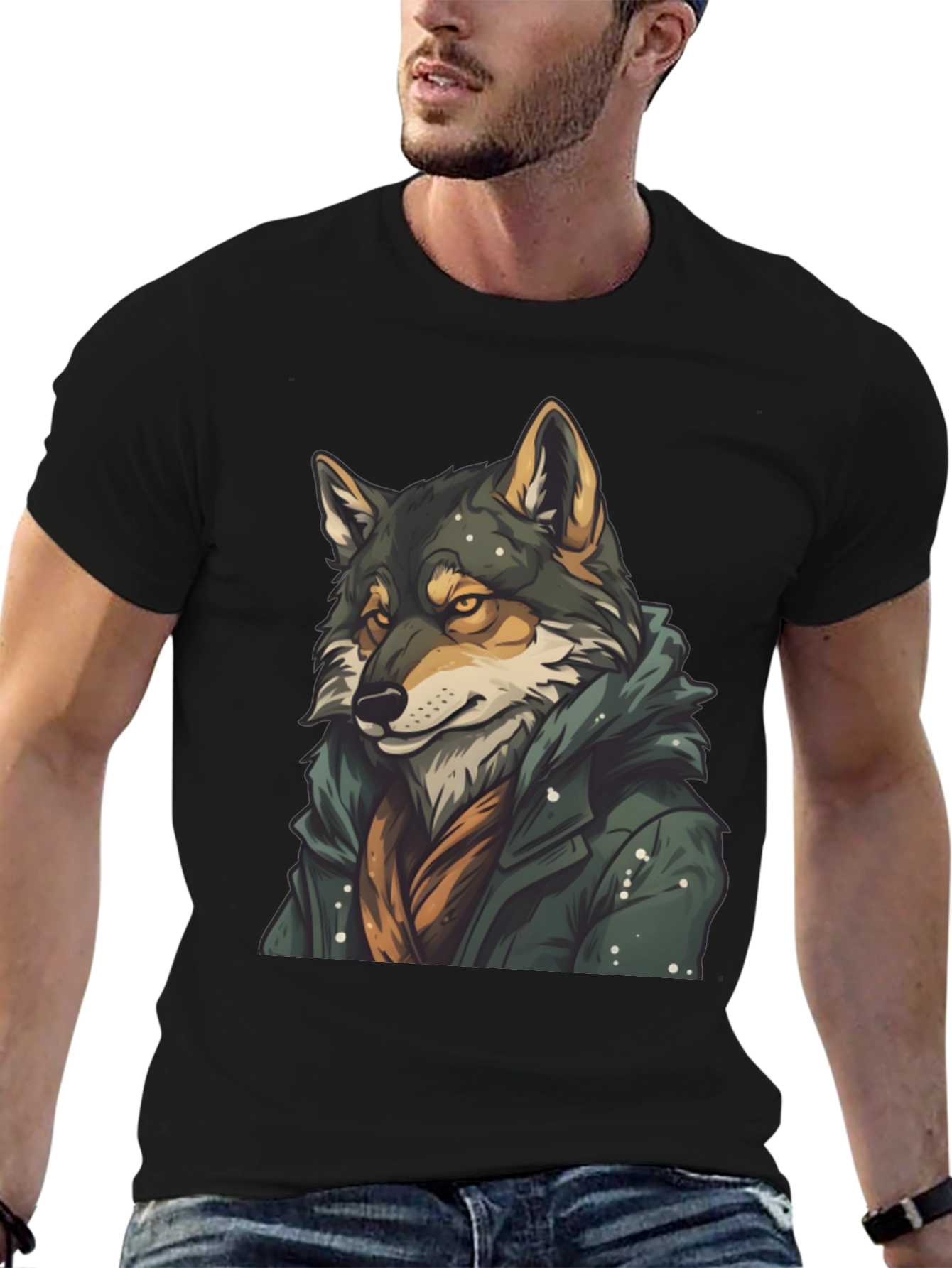 Black Wolf in Coat Graphic T-Shirt - Stylish Animal Tee view 6