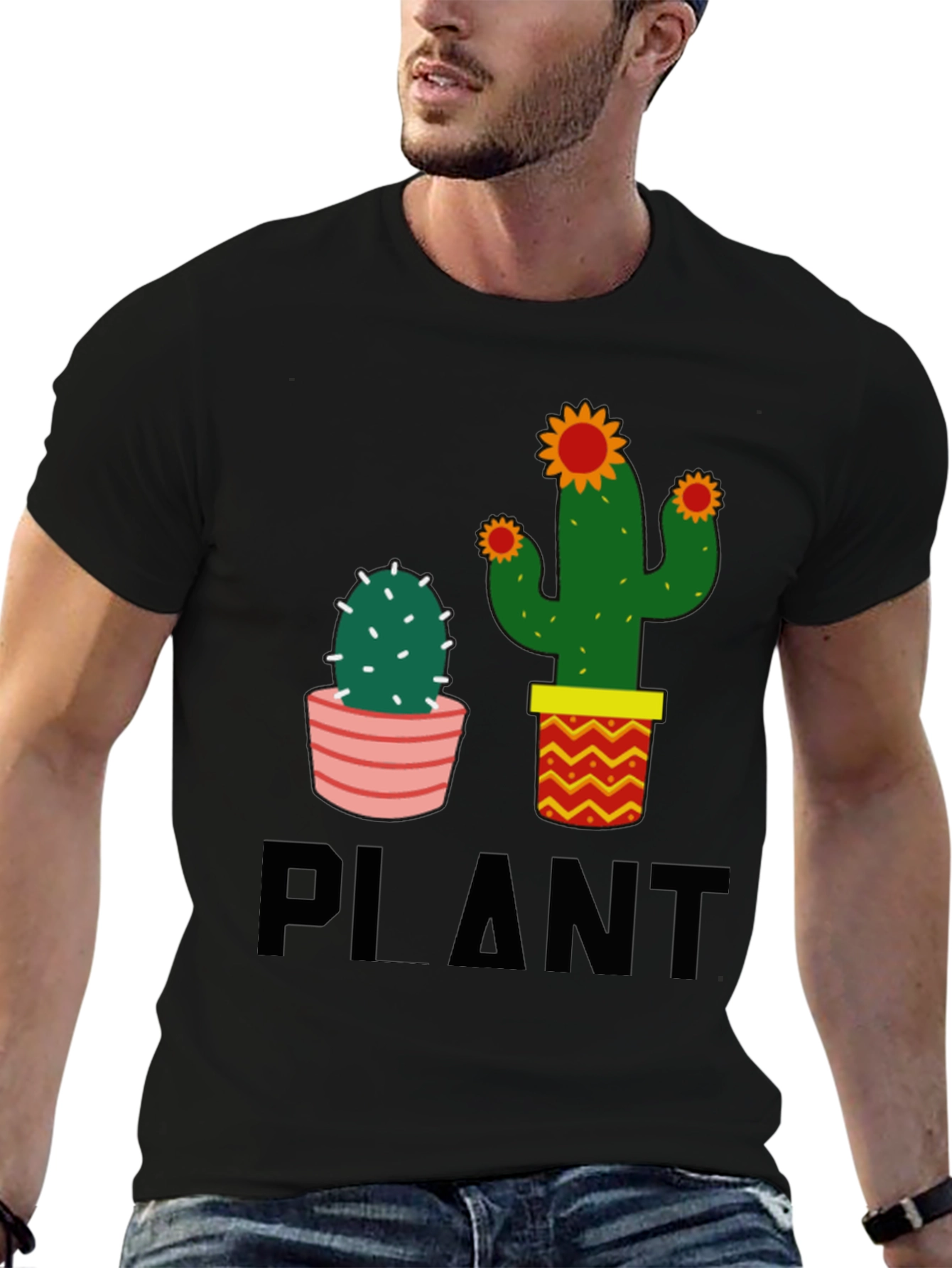 Black Cactus Plant Graphic Tee - Black Cotton Casual T-Shirt view 6