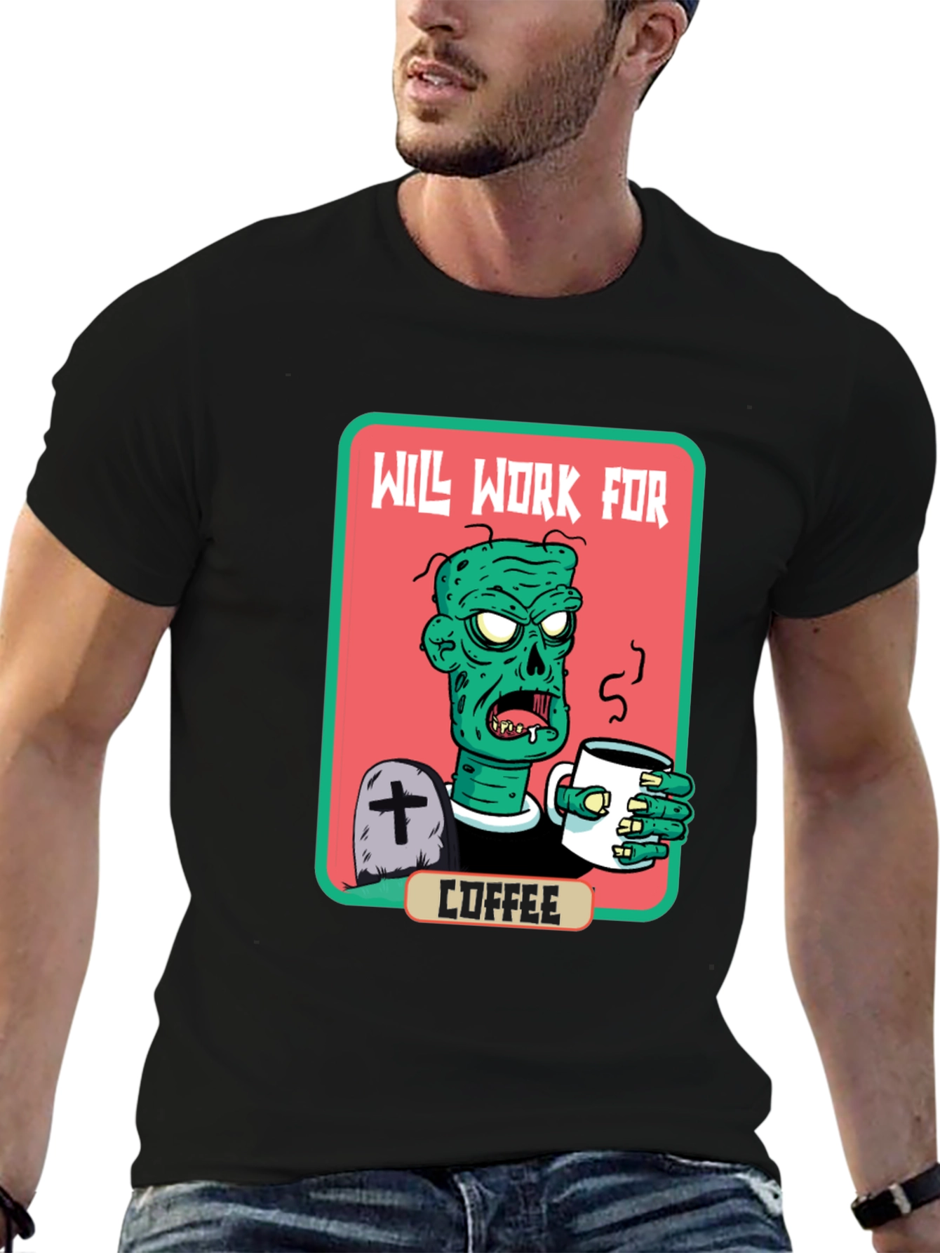 Black Zombie Will Work for Coffee Graphic Tee view 6