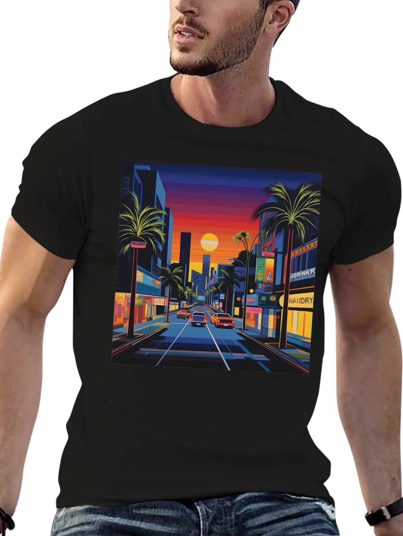 Black Sunset Cityscape Graphic Tee - Retro Style view 6