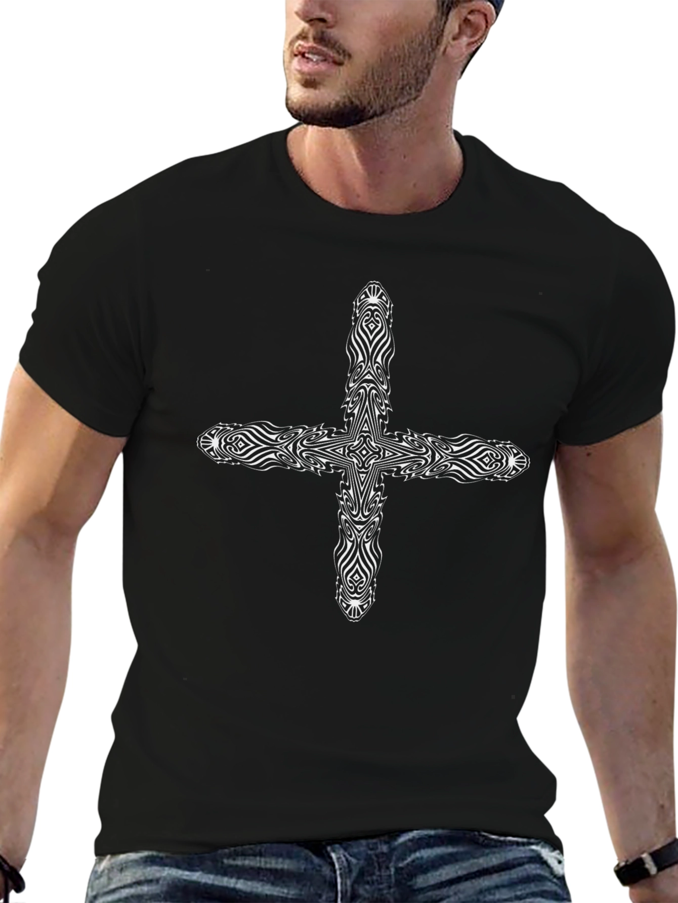 Black Ornate Cross Graphic Black T-Shirt view 6