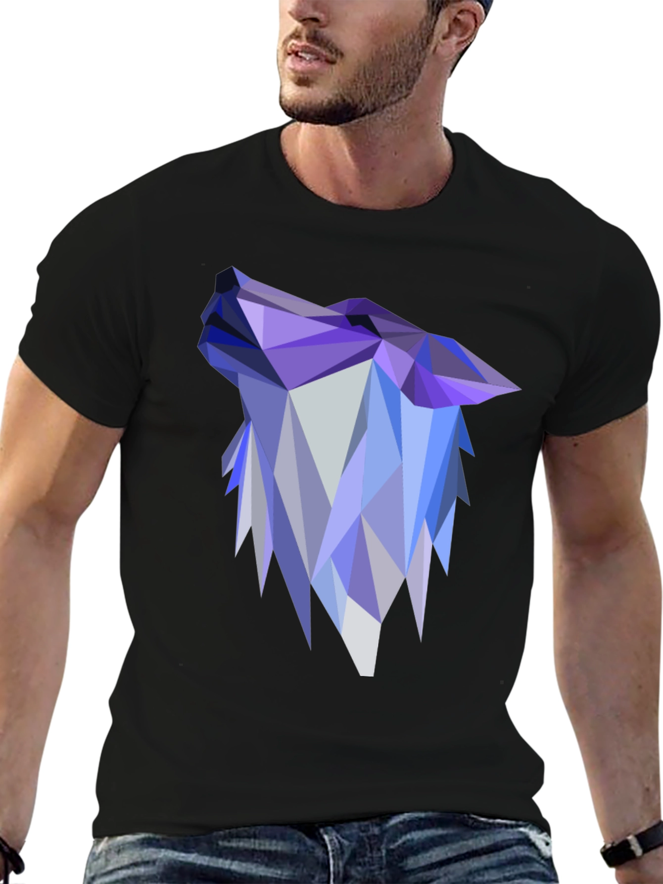 Black Geometric Wolf Head Graphic Black T-Shirt view 6