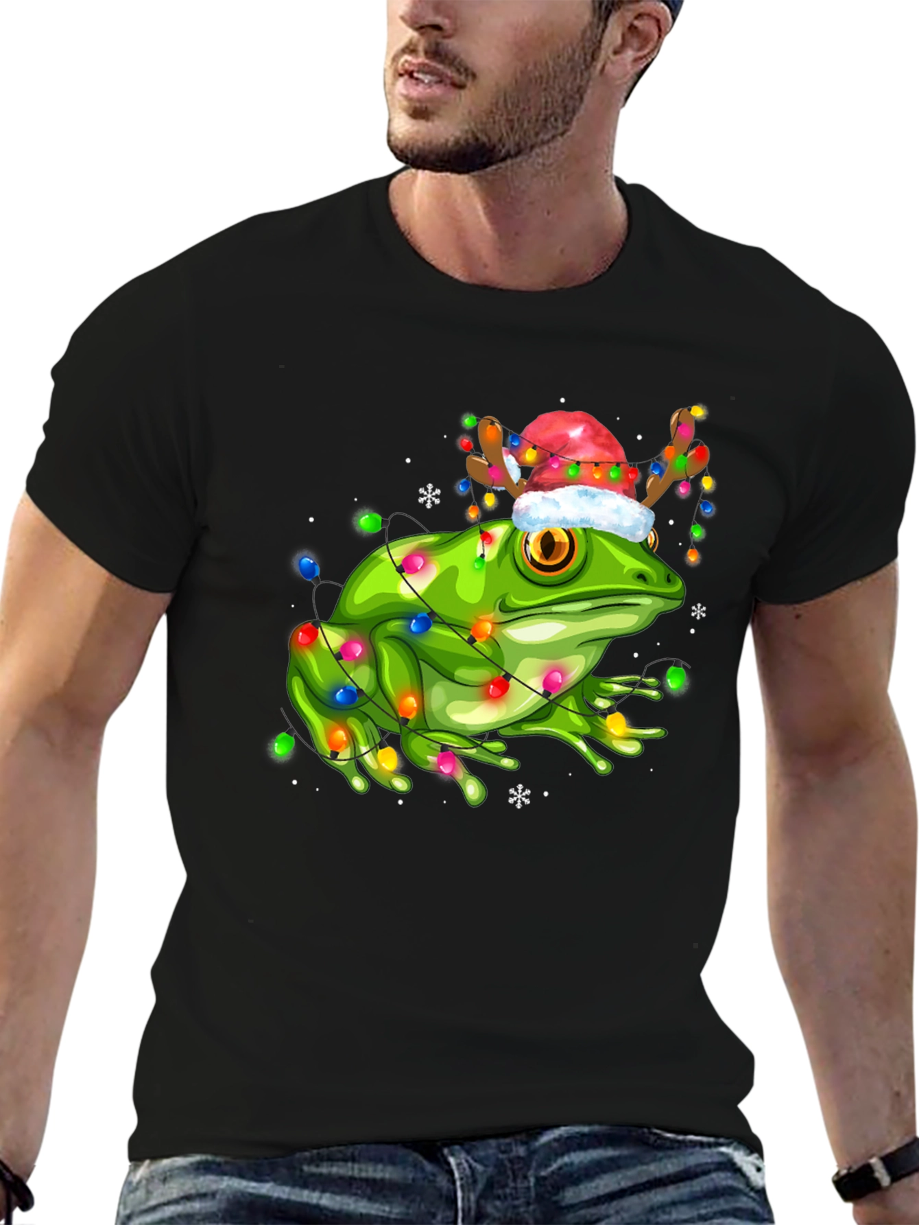 Black Festive Frog Tee: Christmas Lights & Reindeer Hat view 6