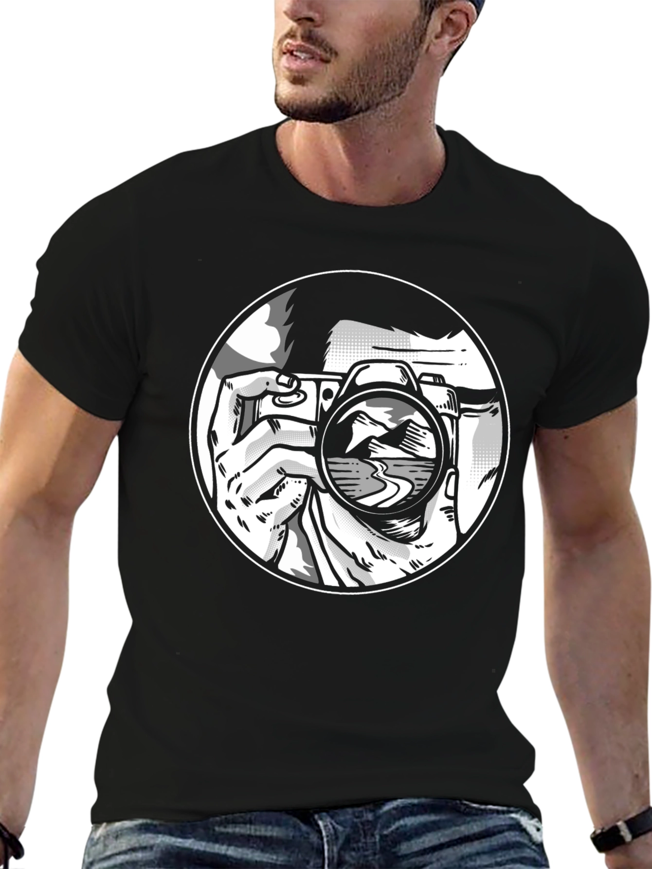 Black Photographer Graphic T-Shirt - Black Crew Neck Tee view 6