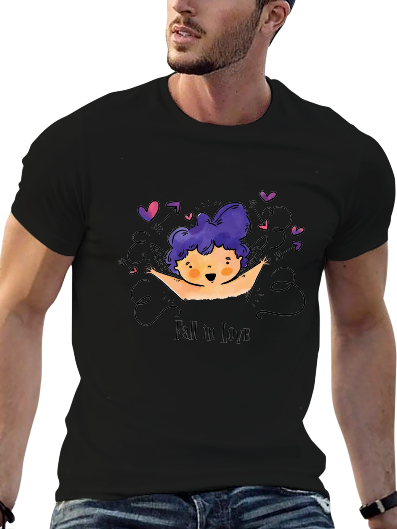Black Fall in Love Cupid Graphic Tee - Black view 6