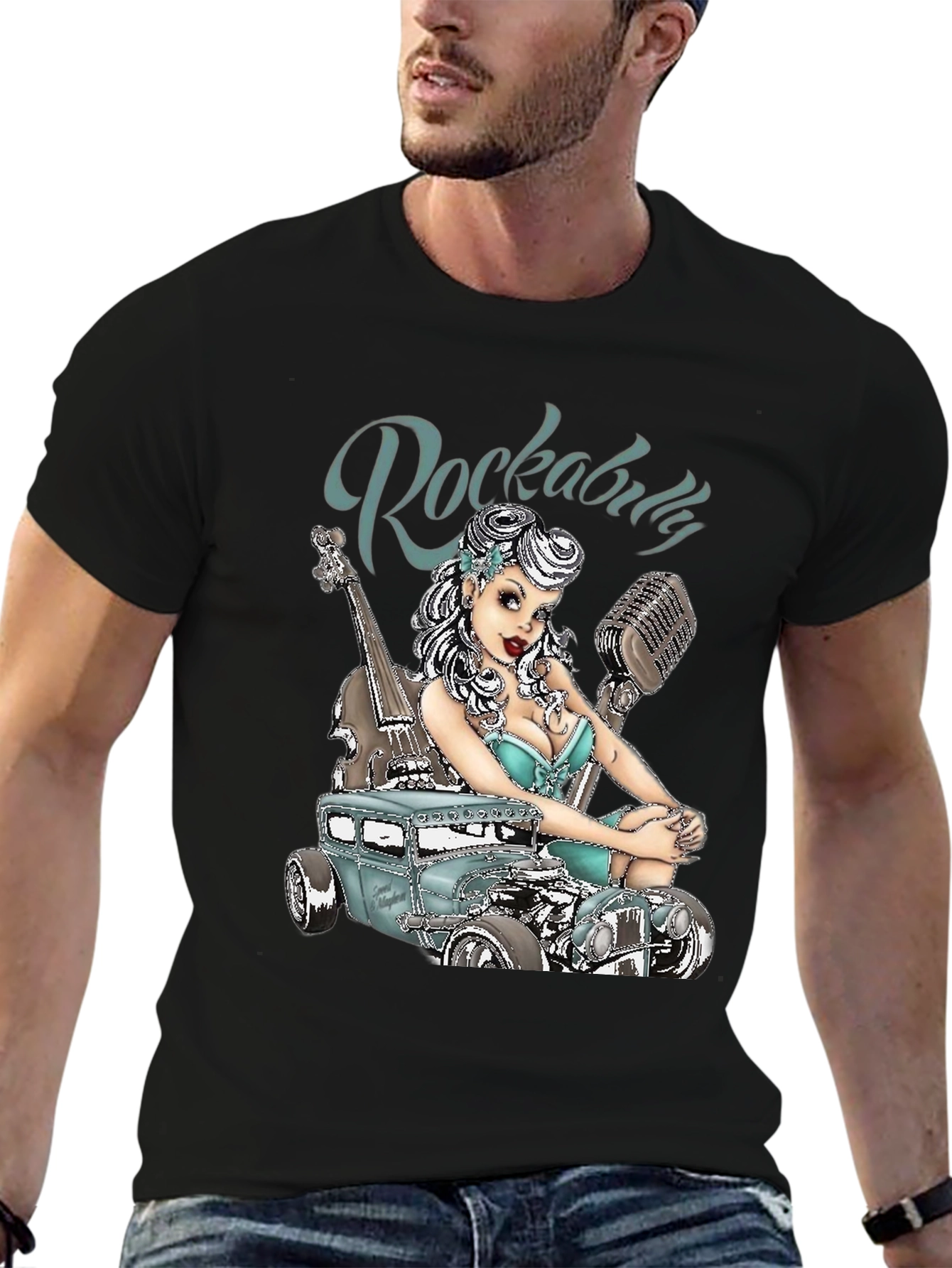 Black Rockabilly Style T-Shirt with Car & Pin-up Girl Design view 6