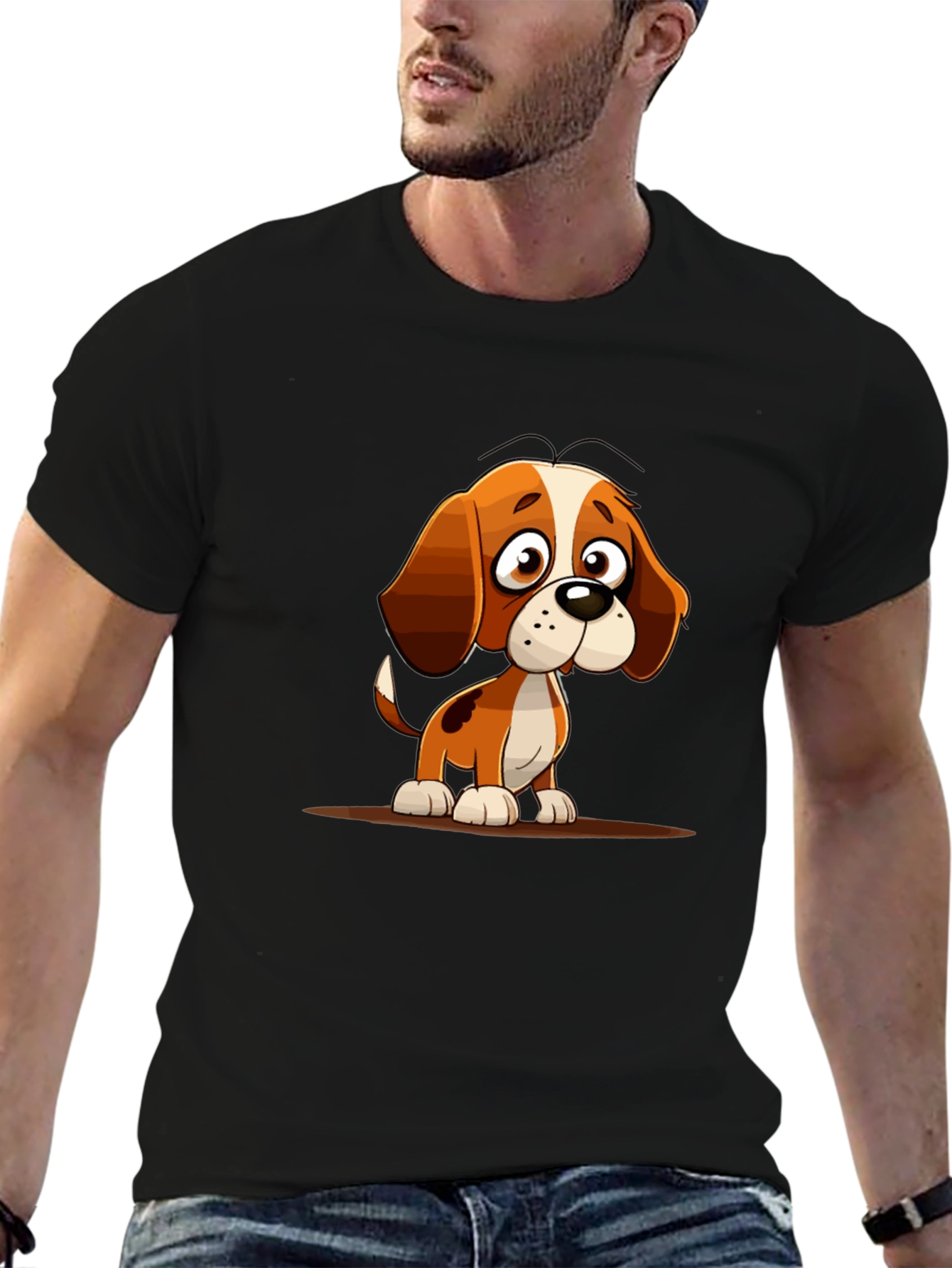 Black Cute Cartoon Dog Graphic Tee - Unisex view 6