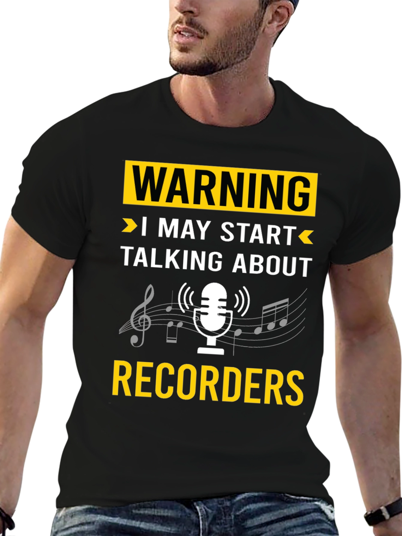 Black Warning Recorder T-Shirt: Music Lover's Tee view 6