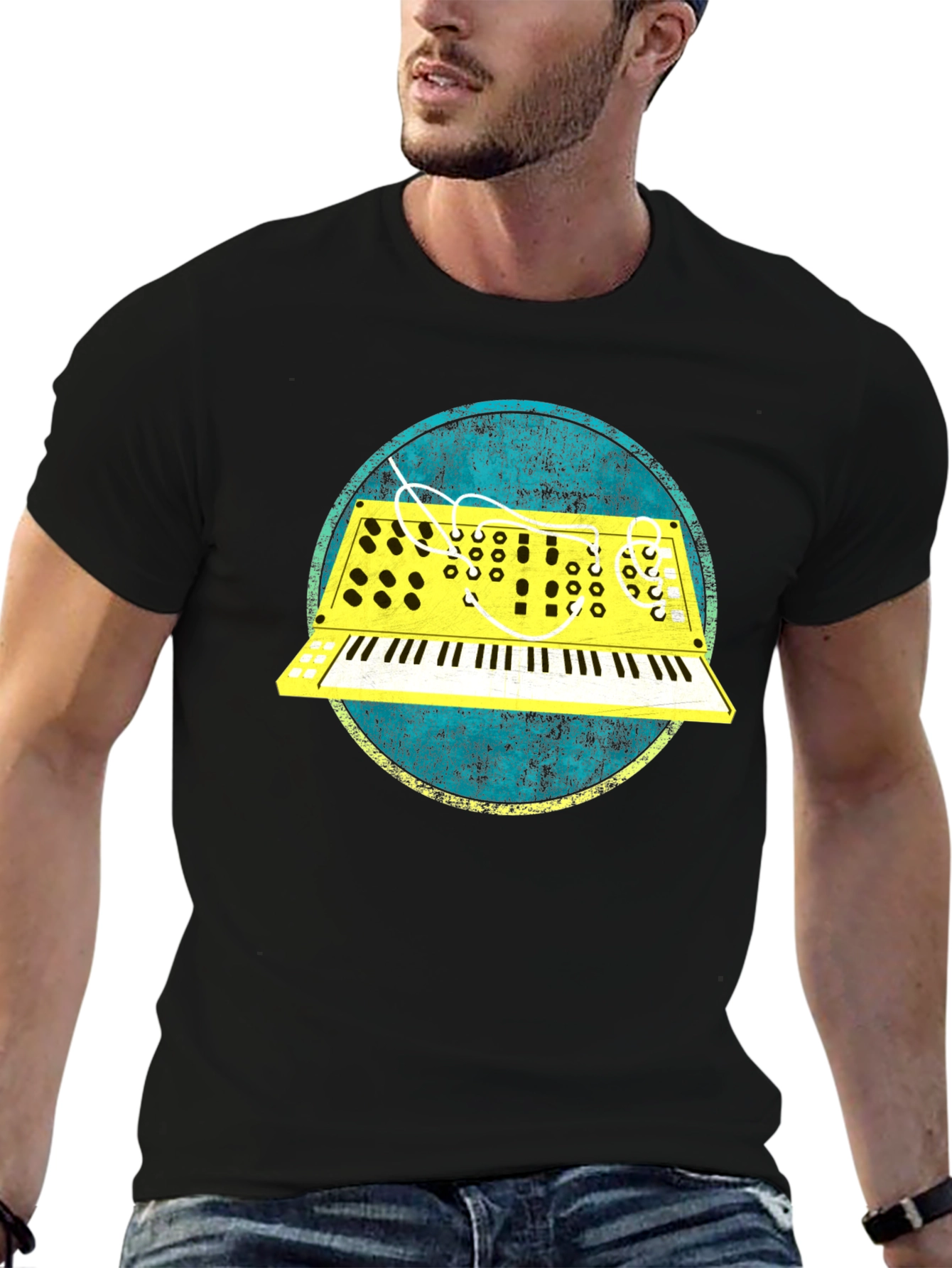 Black Retro Synth Graphic Tee - Vintage Keyboard T-Shirt view 6