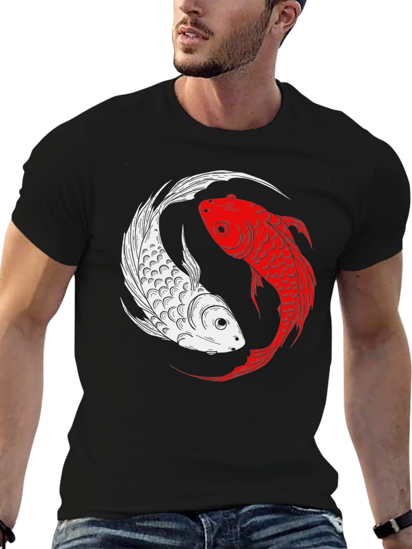 Black Yin Yang Koi Fish Graphic T-Shirt view 6
