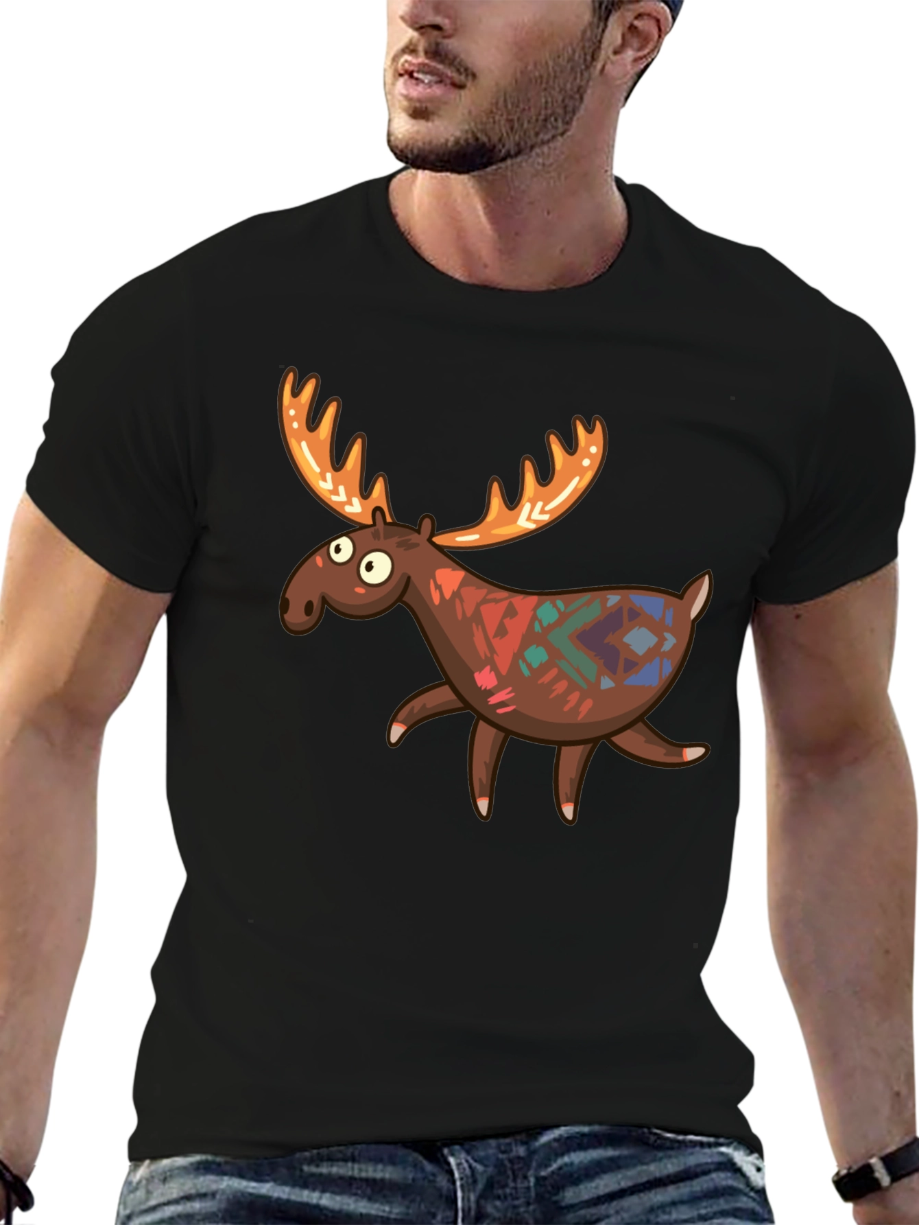 Black Funny Moose Graphic Tee - Black Cotton T-Shirt view 6