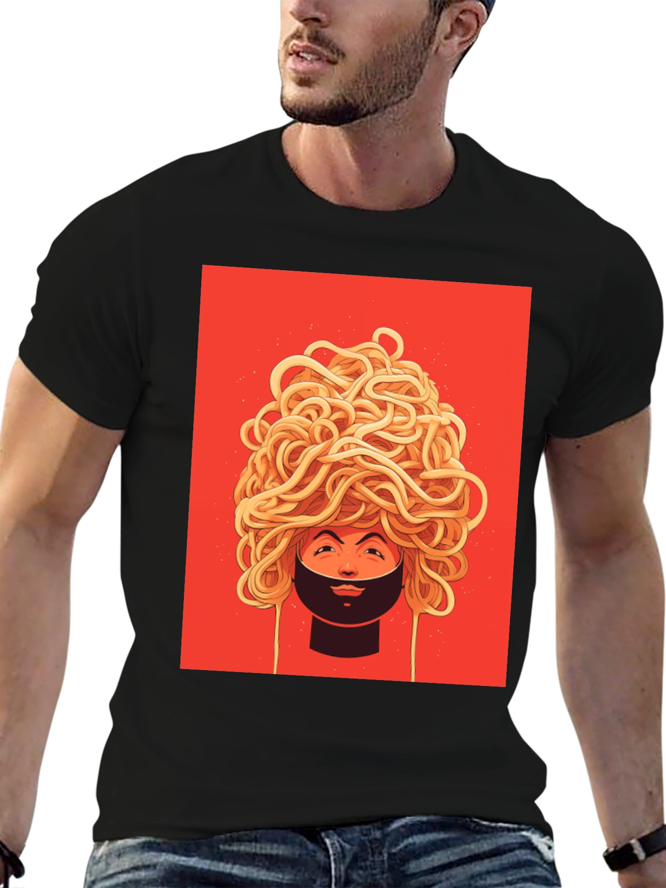 Black Spaghetti Head Graphic Tee - Quirky Unisex T-Shirt view 6