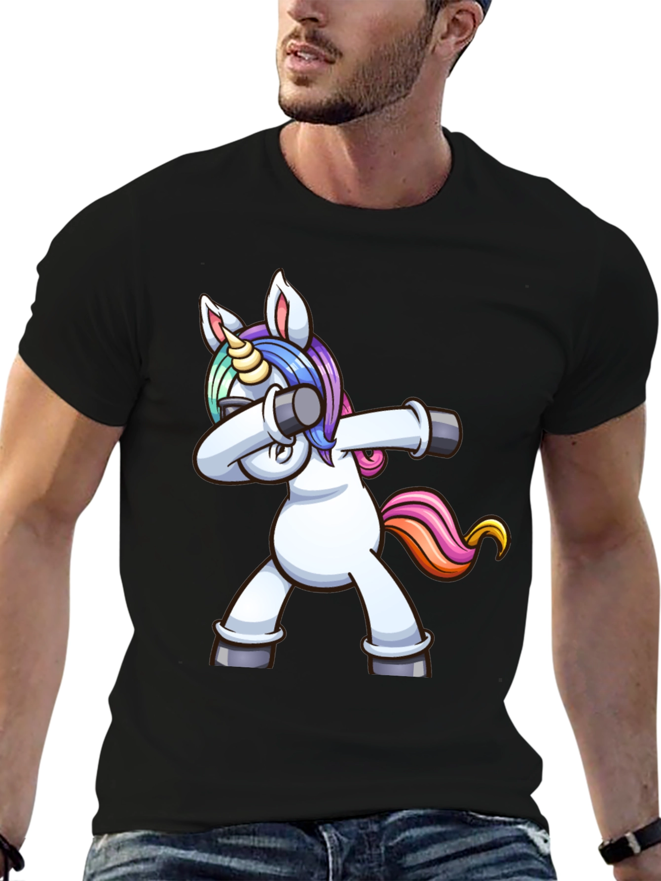 Black Dabbing Unicorn Graphic Tee - Black Cotton Shirt view 6