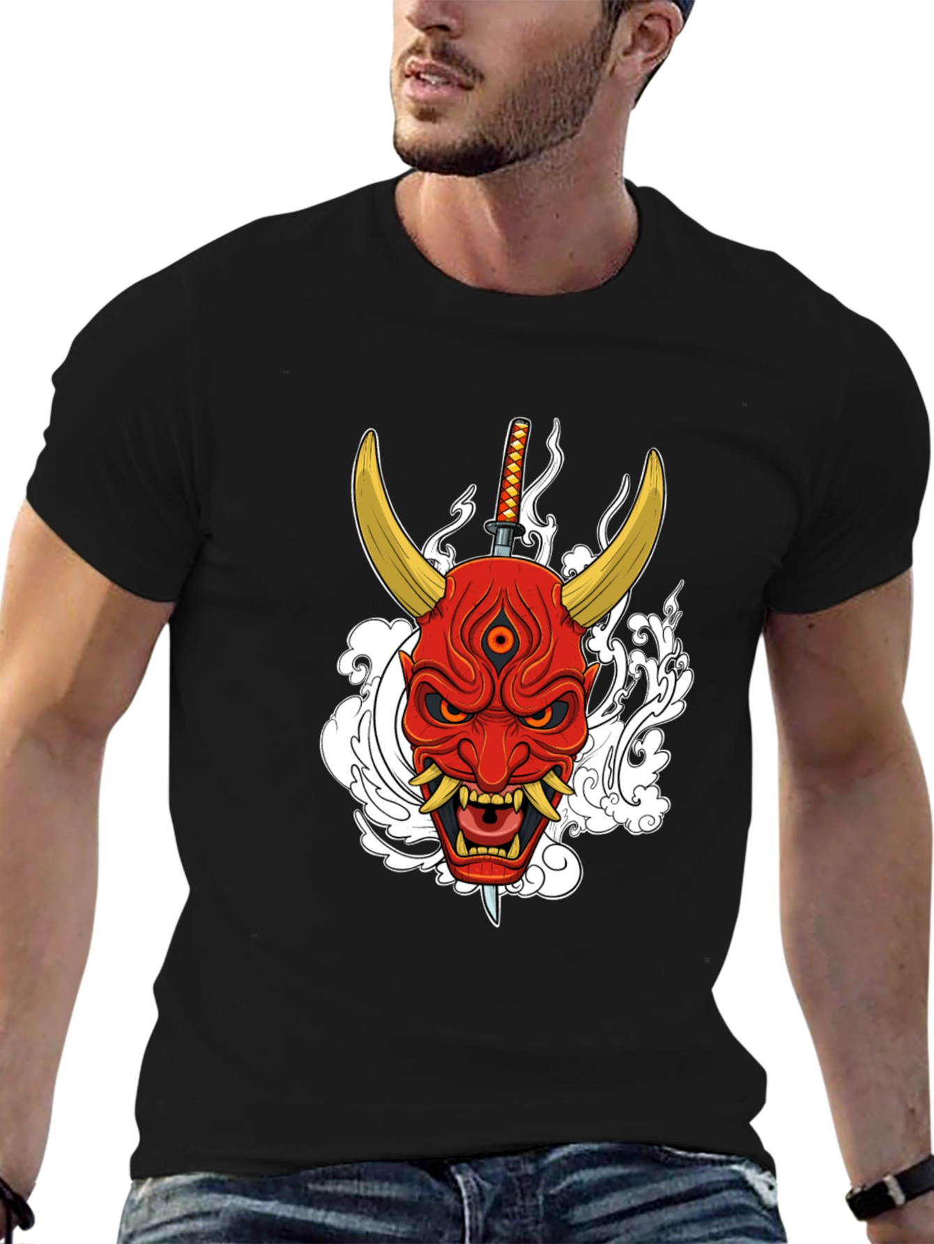 Black Samurai Oni Mask Graphic T-Shirt view 6