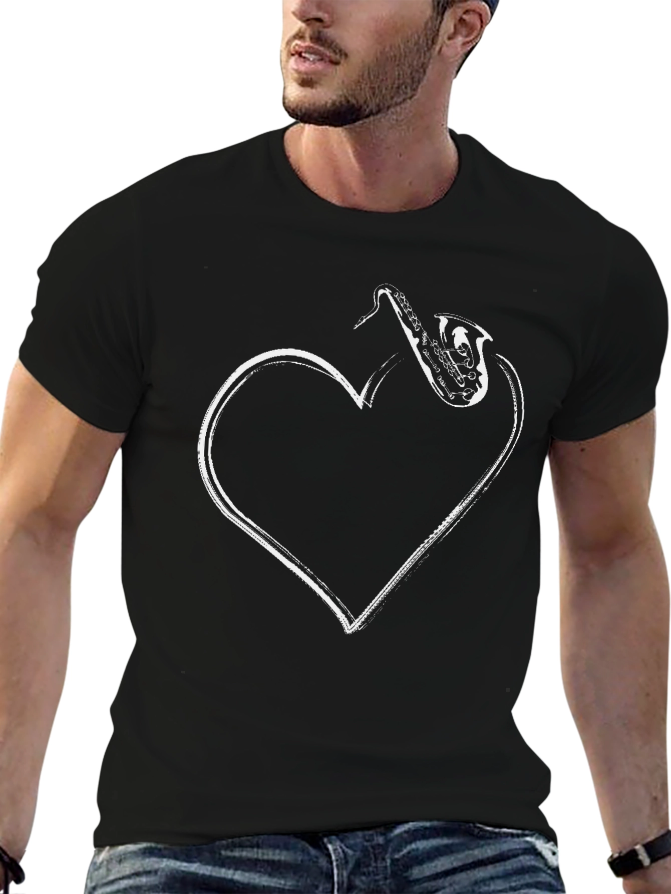 Black Saxophone Heart Graphic Black T-Shirt view 6