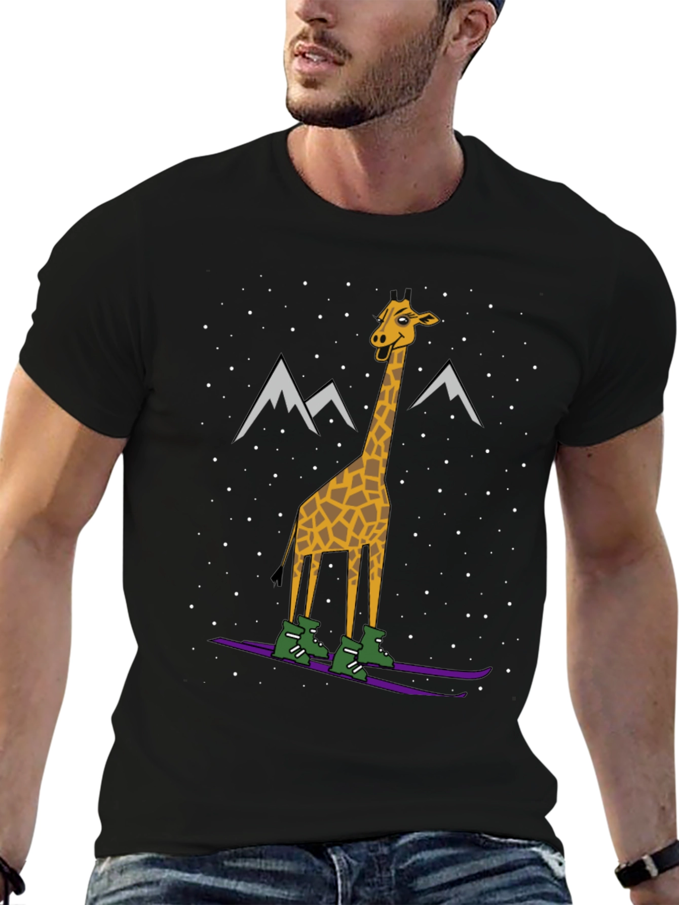 Black Skiing Giraffe Graphic Tee - Unique Winter Holiday T-Shirt view 6