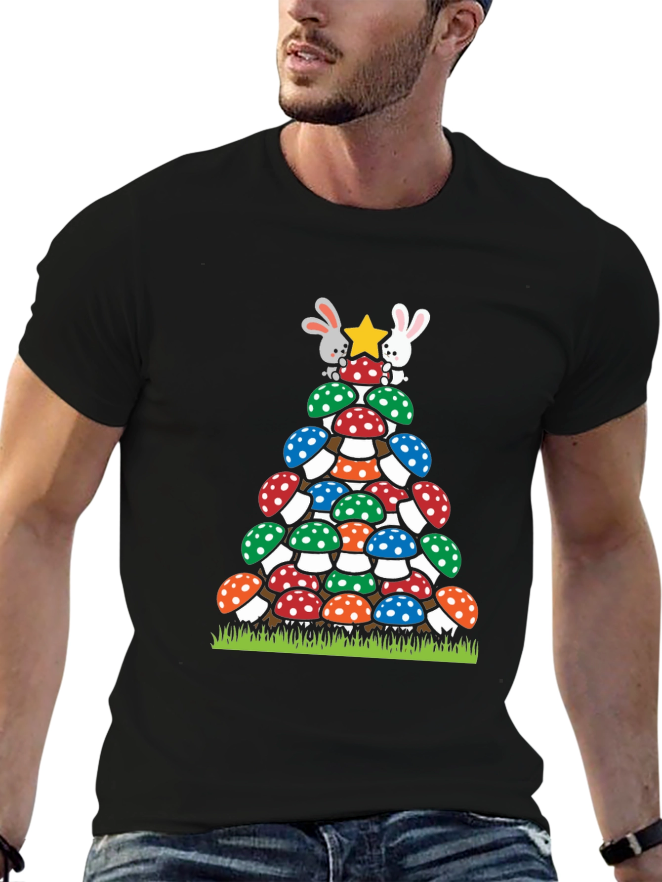 Black Mushroom Christmas Tree T-Shirt view 6