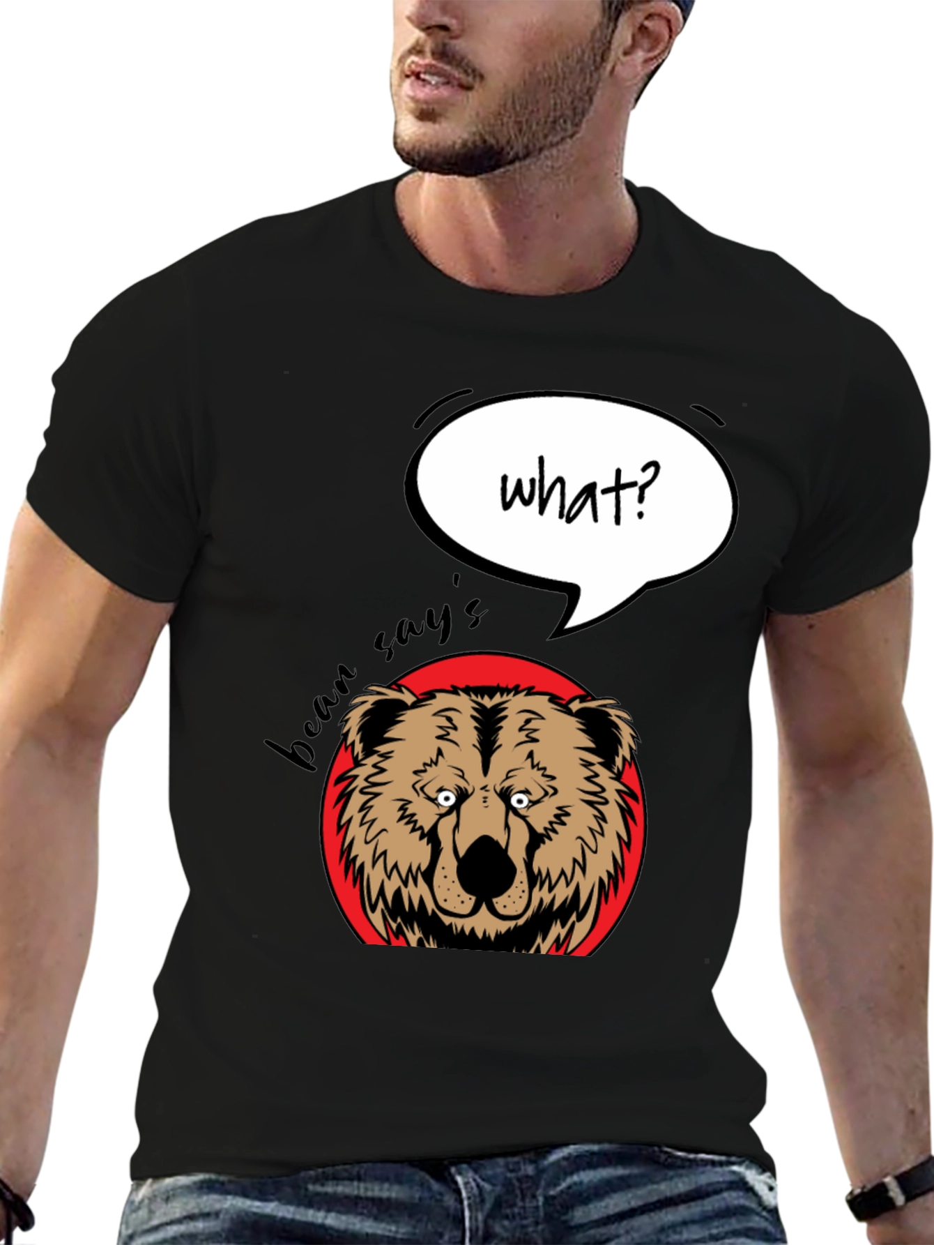 Black Funny Bear What? Graphic T-Shirt view 6