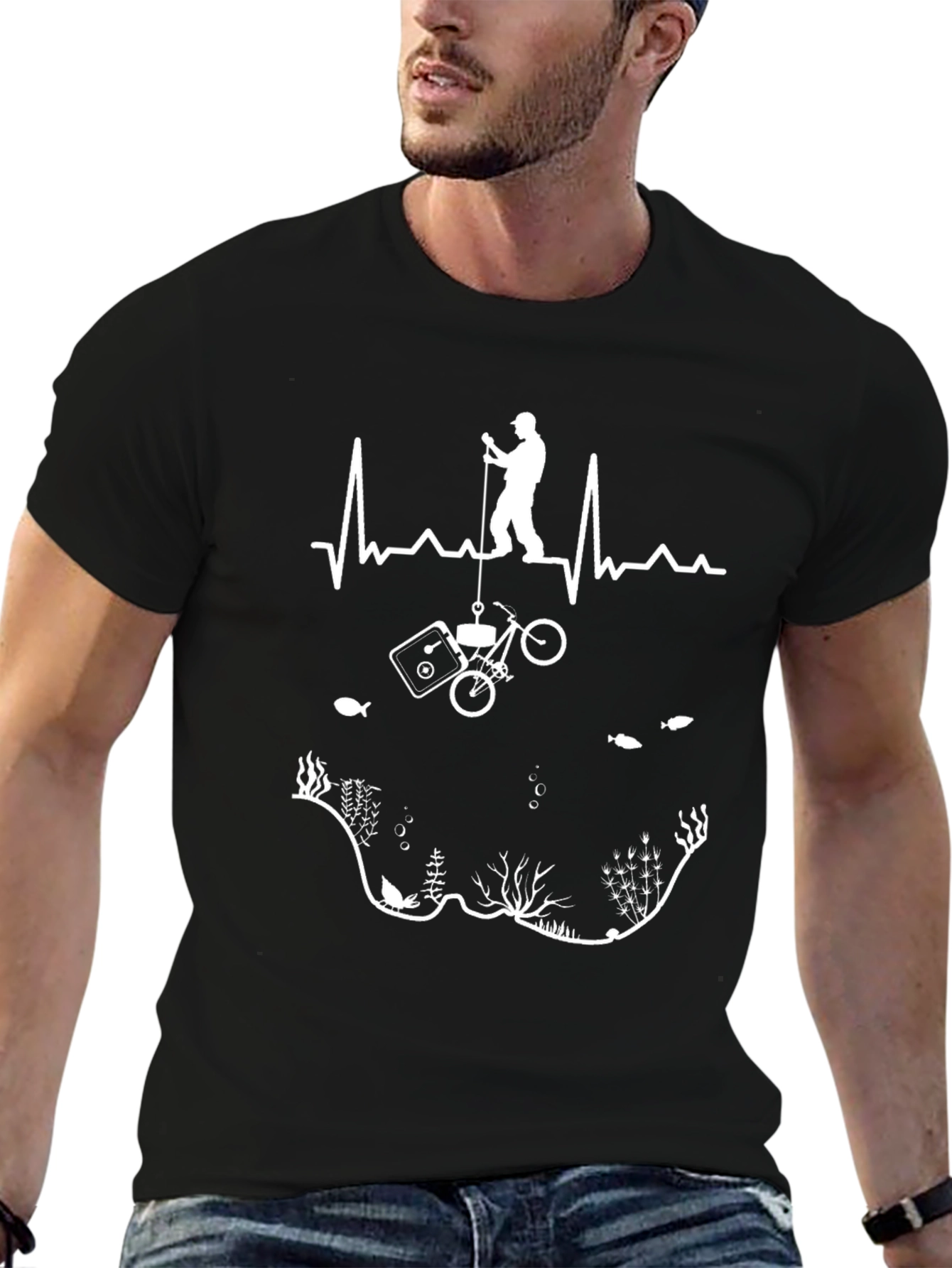 Black Fishing Heartbeat Black Graphic Tee view 6