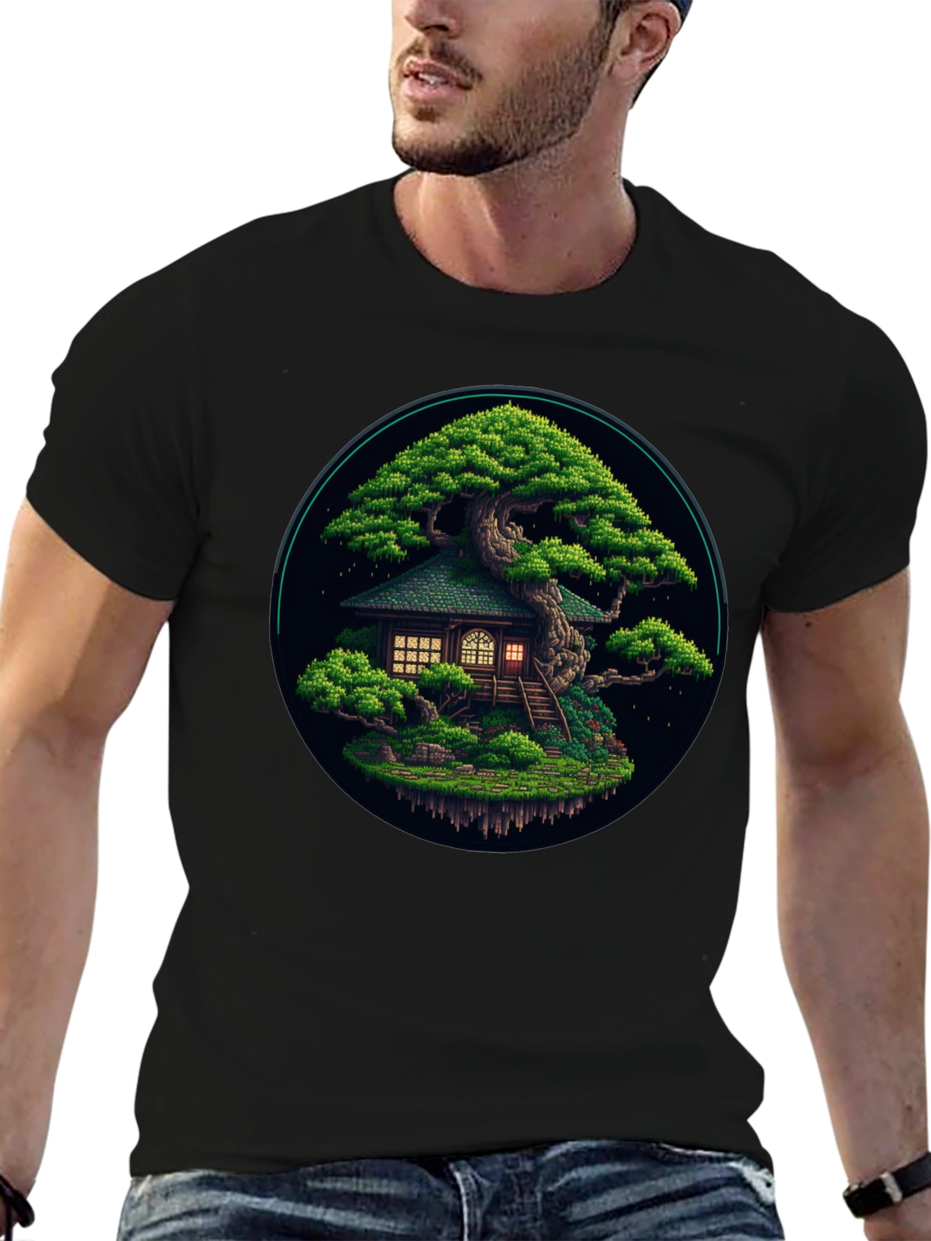 Black Pixel Art Bonsai Tree House Black T-Shirt view 6