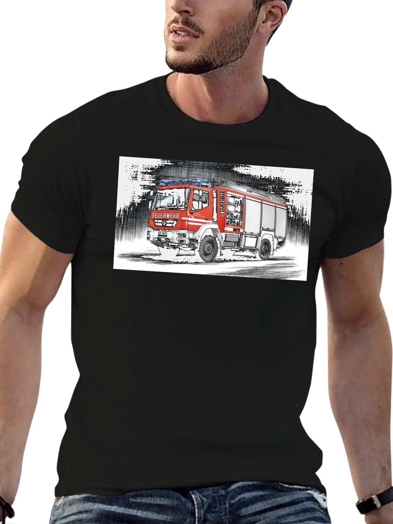 Black Fire Truck Graphic Tee - Black Cotton T-Shirt view 6