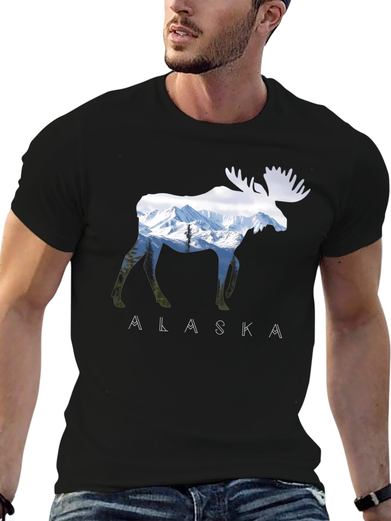Black Alaska Moose Graphic Print T-Shirt view 6