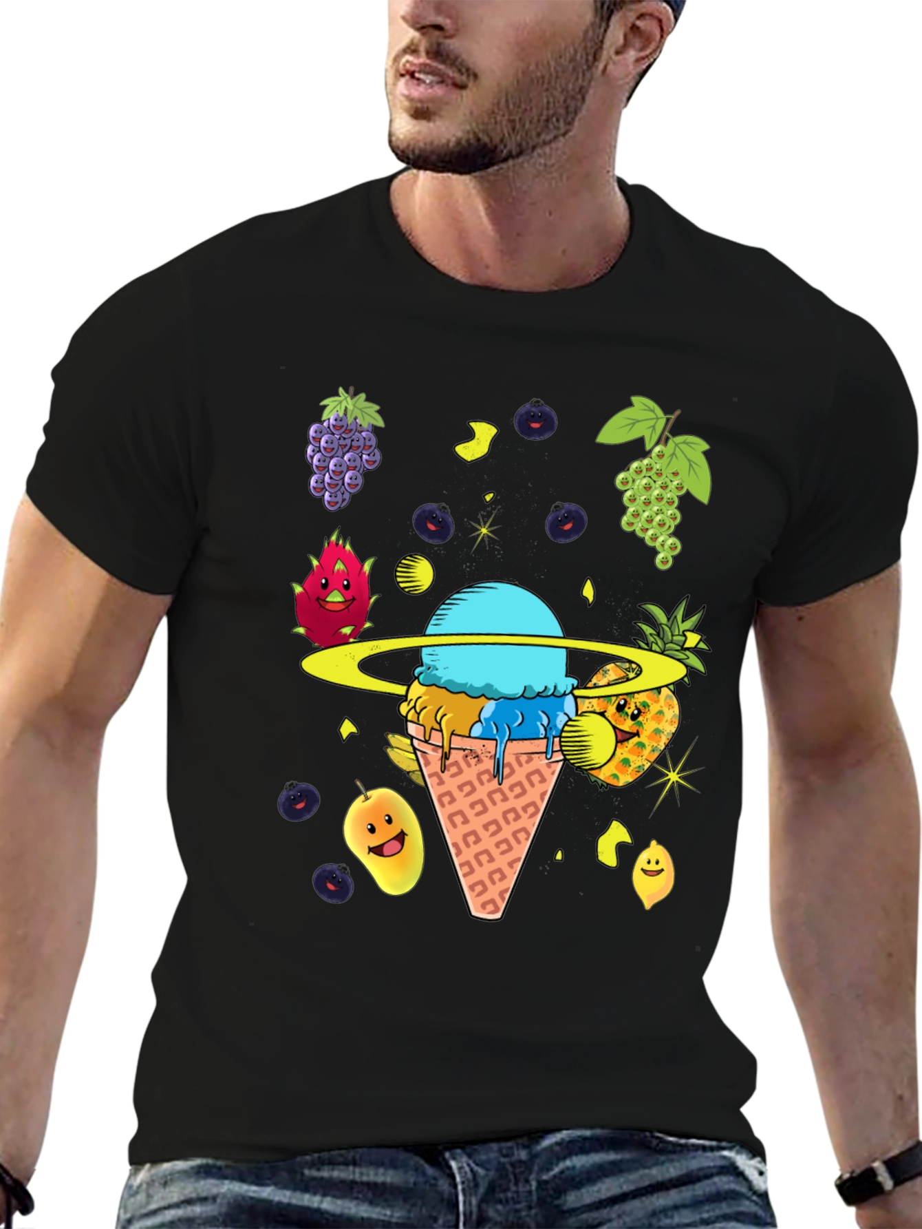 Black Fruit Ice Cream Planet Graphic T-Shirt view 6