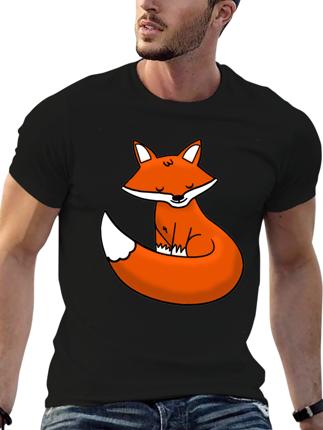 Black Cute Fox Graphic Tee - Black Cotton T-Shirt view 6