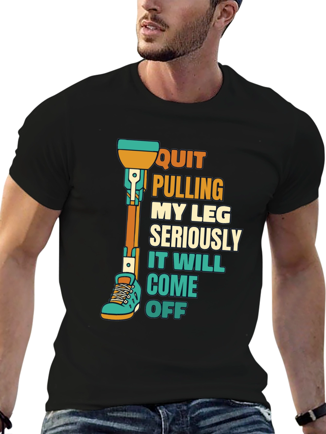Black Quirky Leg Amputee Humor T-Shirt view 6