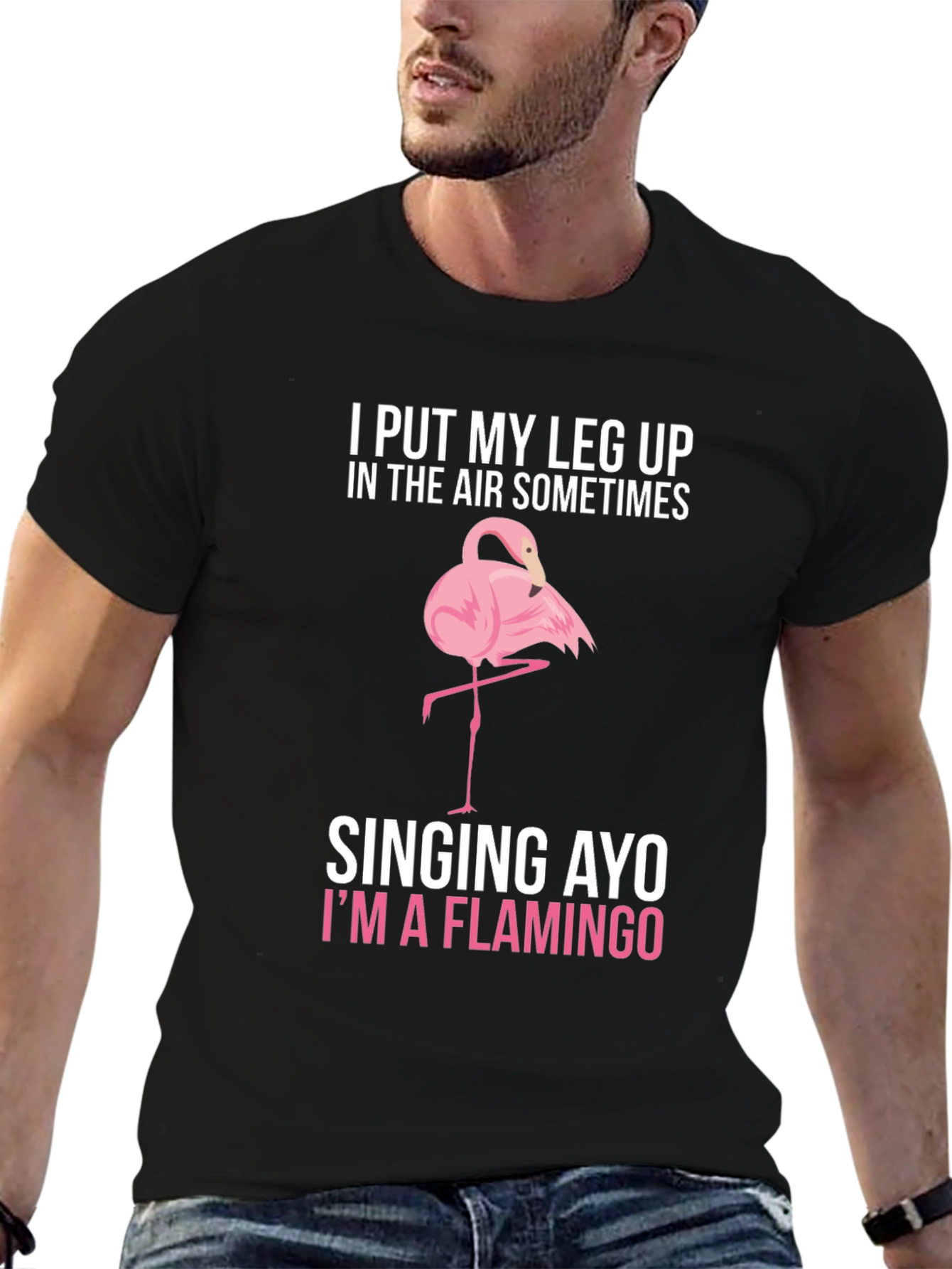 Black Funny Flamingo Graphic T-Shirt - Leg Up In The Air! view 6