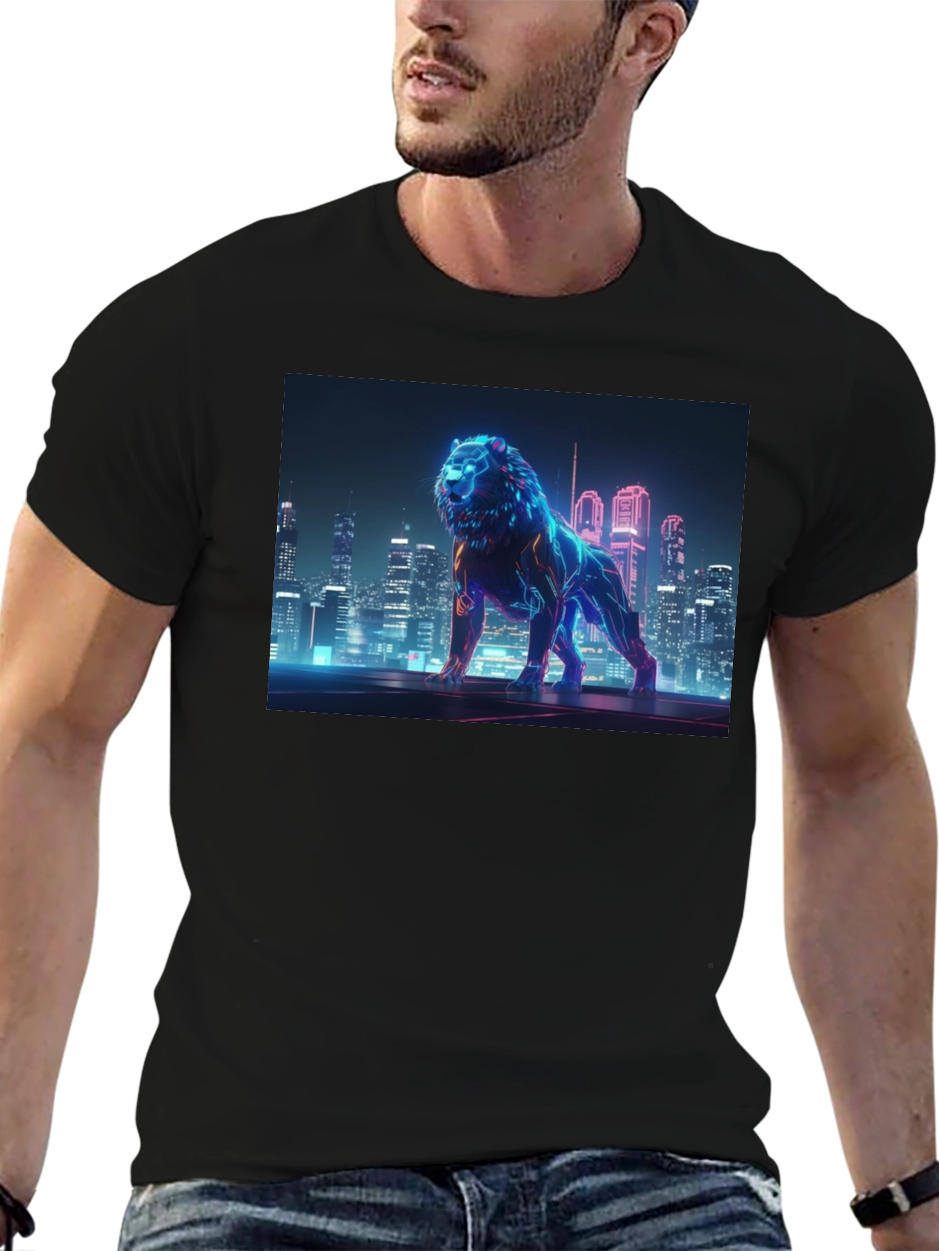 Black Neon Lion Cityscape Graphic Black Tee view 6