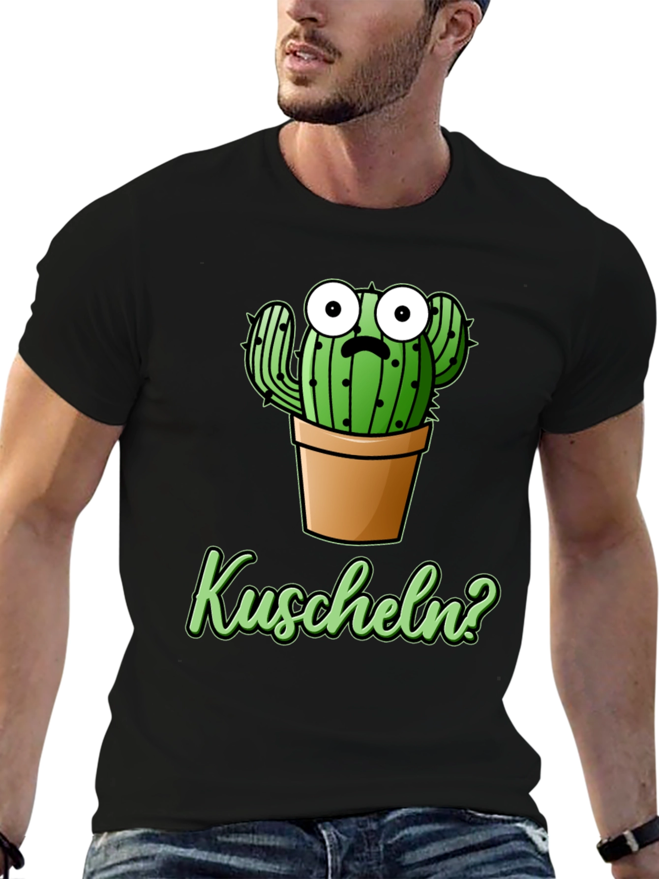 Black Cactus 'Kuscheln?' Black Graphic T-Shirt view 6